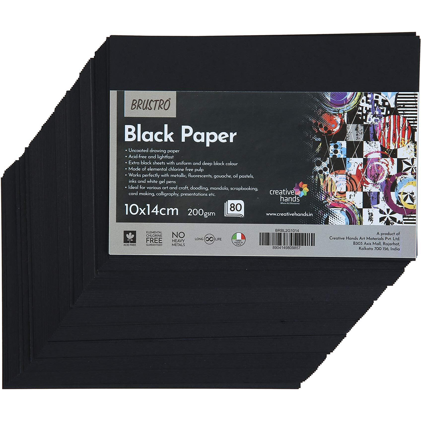 Brustro Black Paper - 200 Gsm Size (Small) 10 Cm X 14 Cm (Pack Of 80 Sheets)