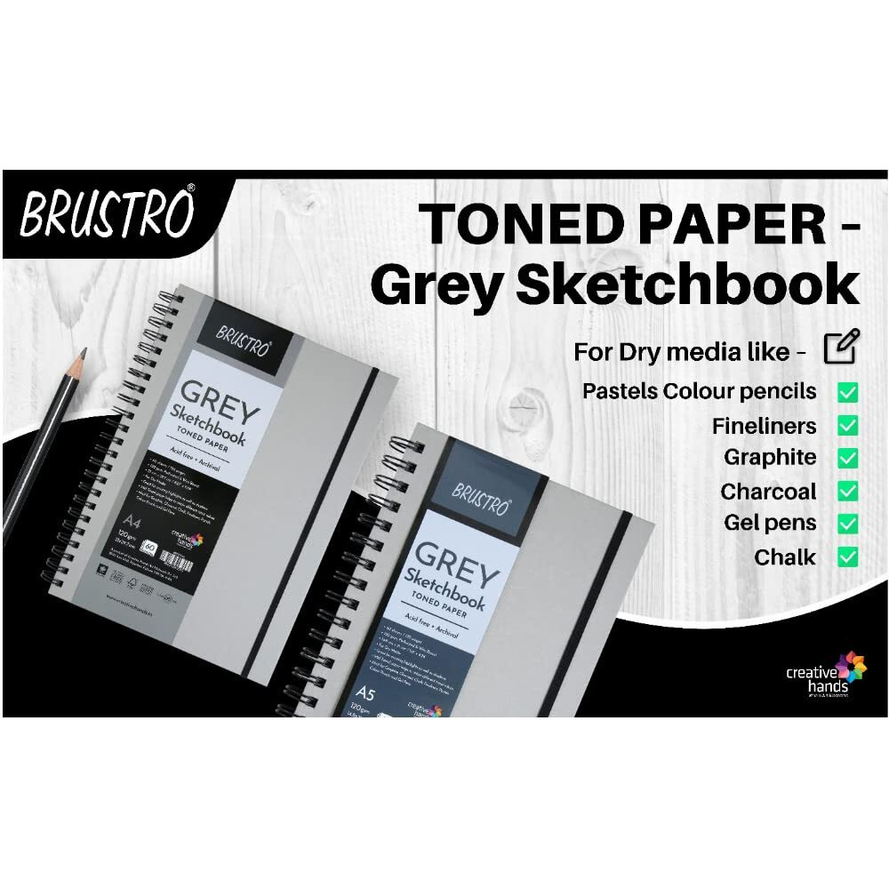 Brustro Toned Paper - Grey Sketchbook, Wiro Bound, Size 6" X 6", 120Gsm (60 Sheets) 120 Pages