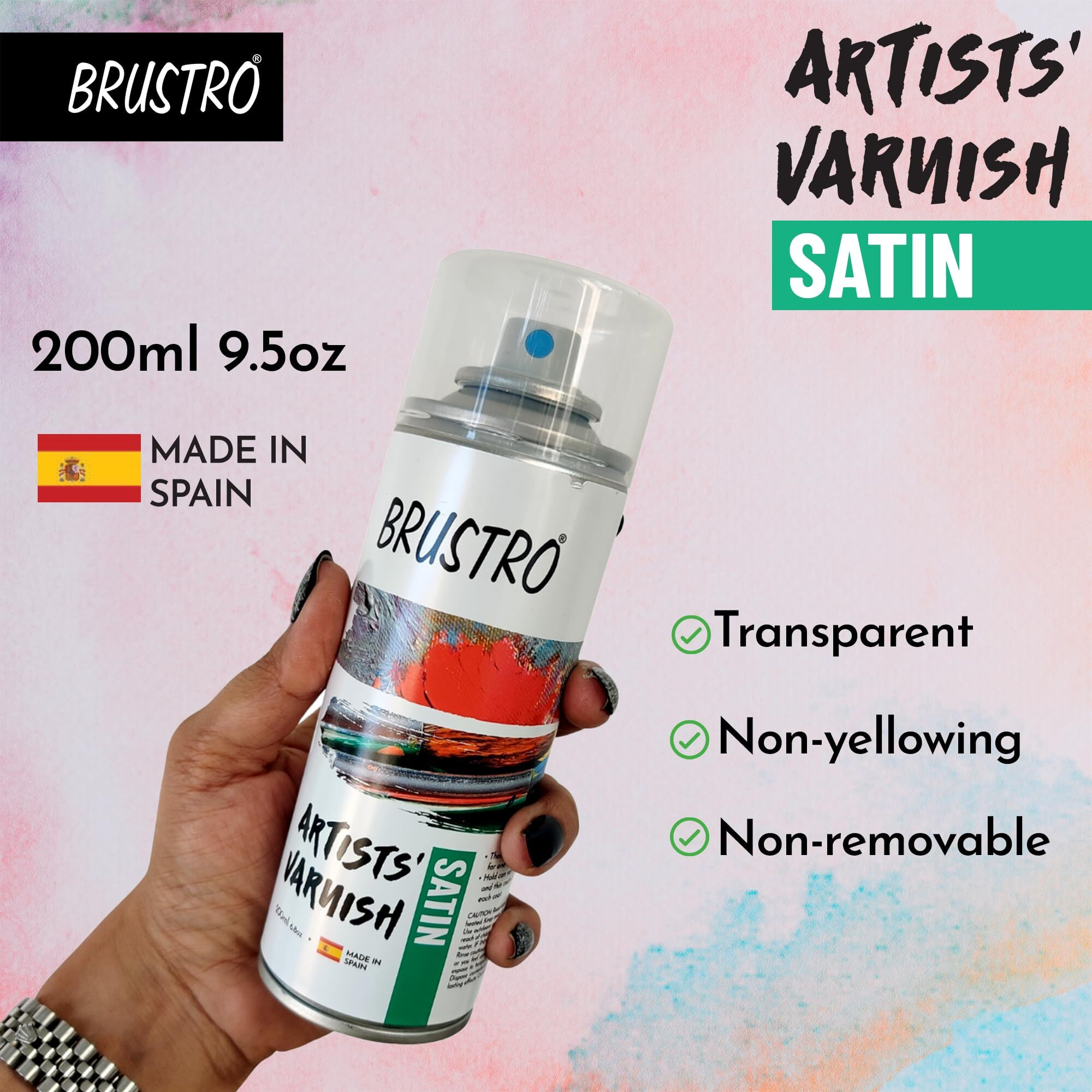 Brustro Artist's Varnish Spray Can|200Ml|Satin Finish|Perfect Coating On Acrylic Painting,Watercolours,Oil Paints,Non-Yellowing,Non Toxic,Transparent,Canvas,Paper, Artwork Protection.