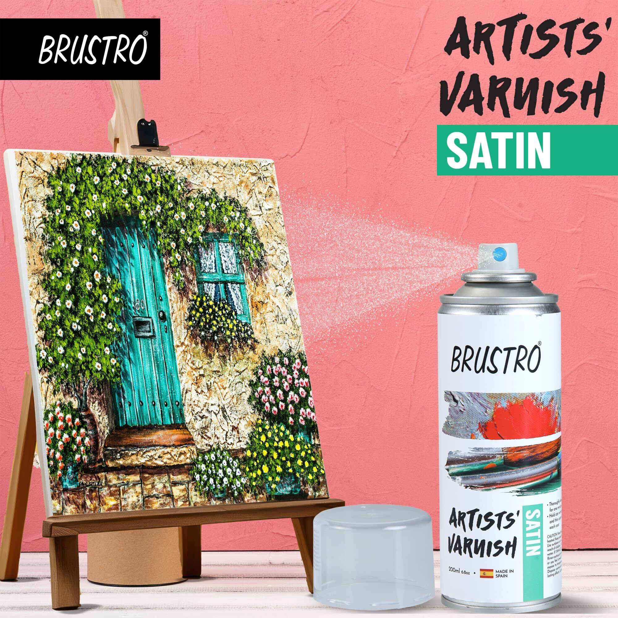 Brustro Artist's Varnish Spray Can|200Ml|Satin Finish|Perfect Coating On Acrylic Painting,Watercolours,Oil Paints,Non-Yellowing,Non Toxic,Transparent,Canvas,Paper, Artwork Protection.