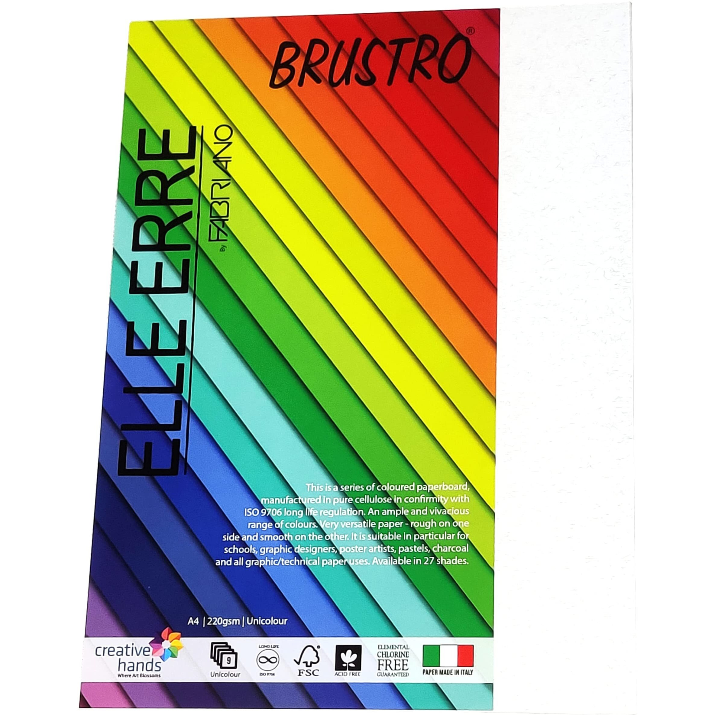 Brustro Elle Erre Coloured Card Stock Craft Paper A4 Size 220 Gsm Brina Colour, Pack Of 9 Sheets. Frost White Shade|Ideal For Schools,Poster Artists With Pastel,Charcoal,Calligraphy,Pen