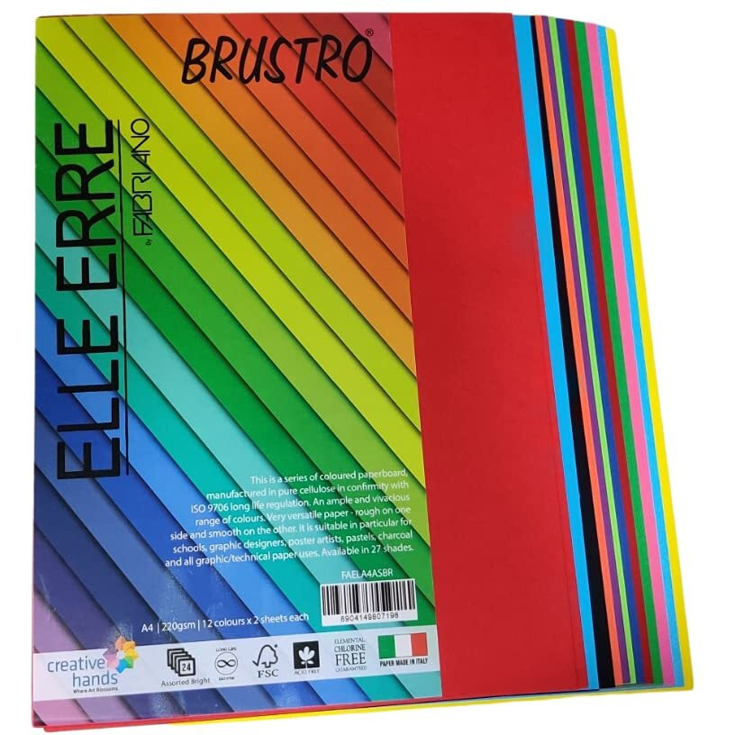 Brustro Elle Erre Coloured Card Stock Craft Paper A4 Size 220 Gsm Mixed Bright Colours 24 Sheets Pack(12Cols X 2Sheets)|Ideal For Schools,Poster Artists With Pastel,Charcoal,Calligraphy,Pen