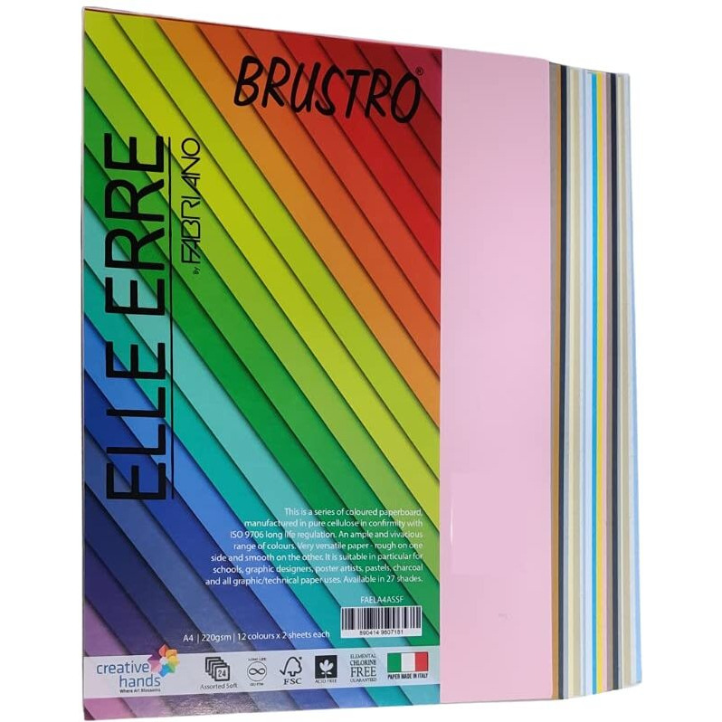 Brustro Elle Erre Coloured Card Stock Craft Paper A4 Size 220 Gsm Mixed Soft Colours 24 Sheets Pack(12 Colours X 2 Sheets)|Ideal For Schools,Poster Artists With Pastel,Charcoal,Calligraphy,Pen