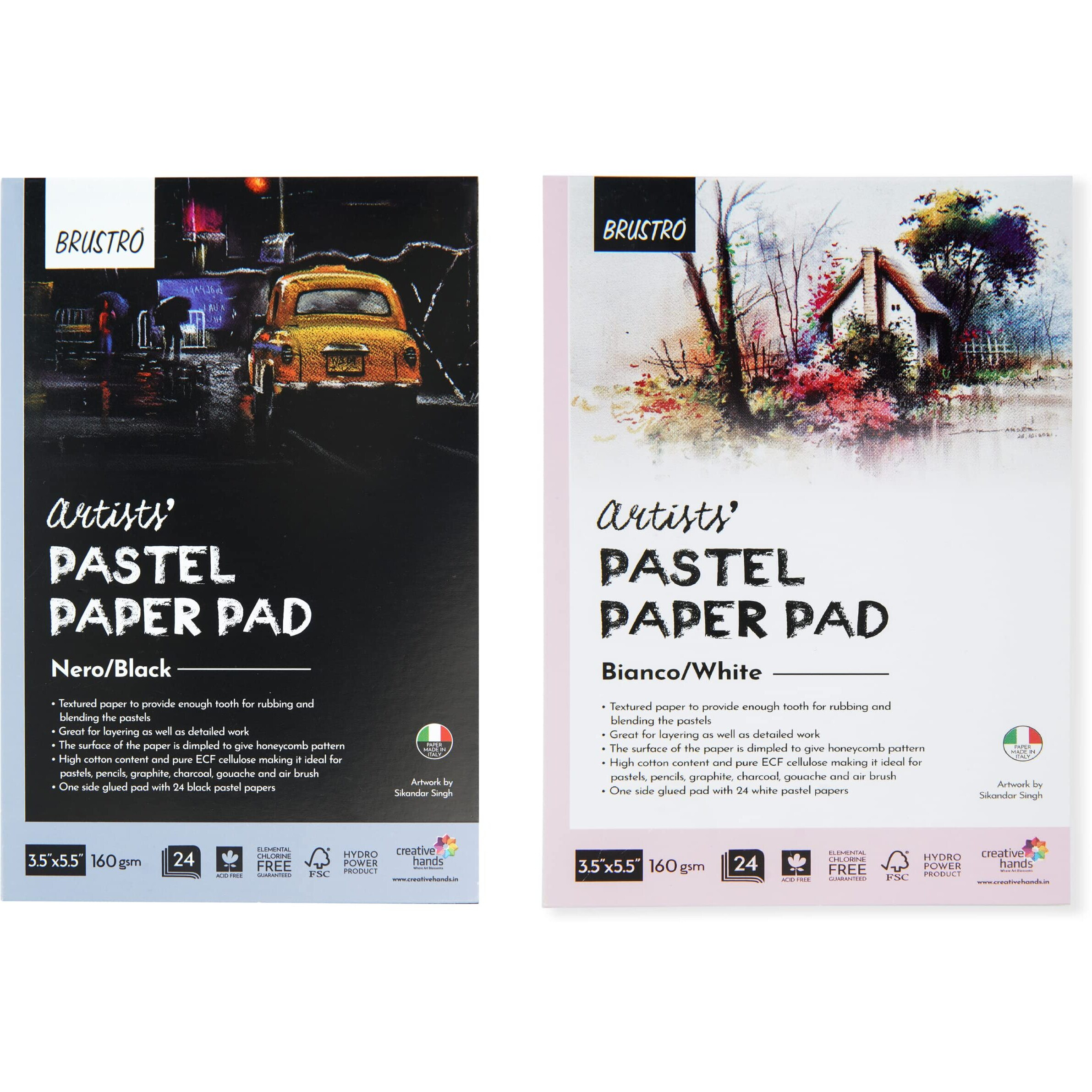 Brustro Artists Pastel Paper Pad, Set Of 2, 24 Sheets (160 Gsm) Each, Colour - Black & White, Size - 3.5" X 5.5" | Ideal For Pastels, Color Pencils, Graphite, Charcoal, Gouache, Ink.