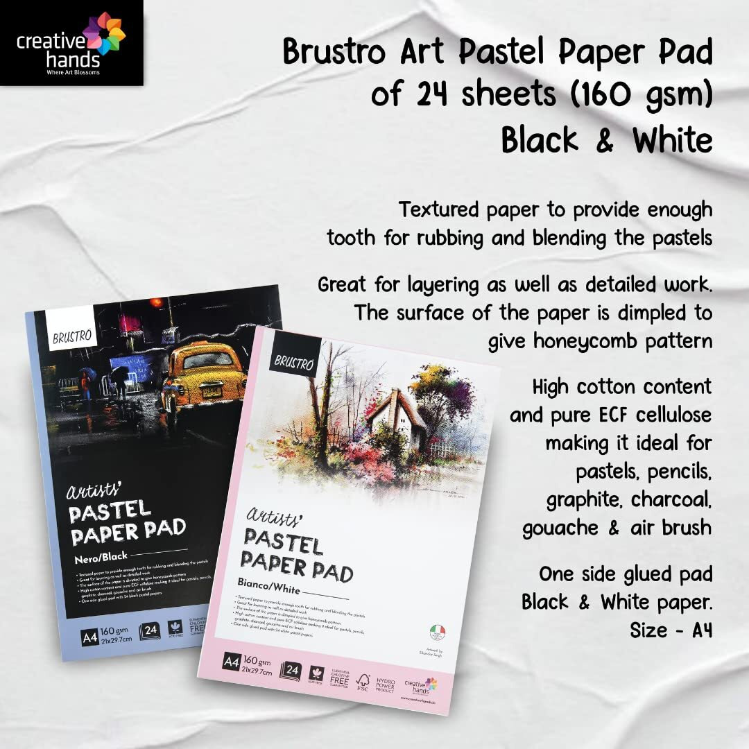Brustro Artists Pastel Paper Pad, Set Of 2, 24 Sheets (160 Gsm) Each, Colour - Black & White, Size - 3.5" X 5.5" | Ideal For Pastels, Color Pencils, Graphite, Charcoal, Gouache, Ink.