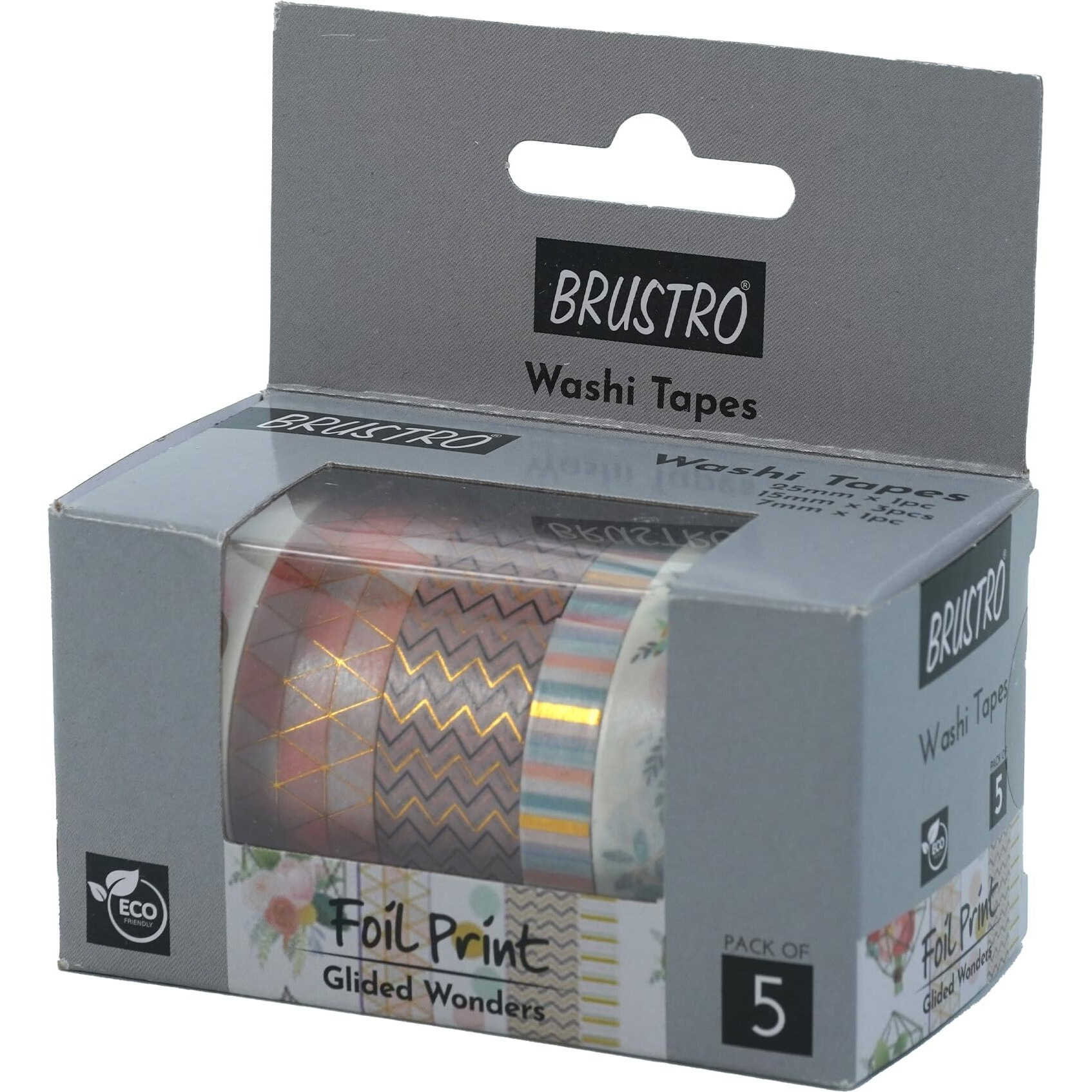 Brustro Washi Masking Tapes Foil Prints Glided At All Places Wonders Shade, Set Of 5 (25 Mm X 5M - 1 Tape, 15 Mm X 5M - 3 Tapes, 7Mm X 5M - 1 Tape)