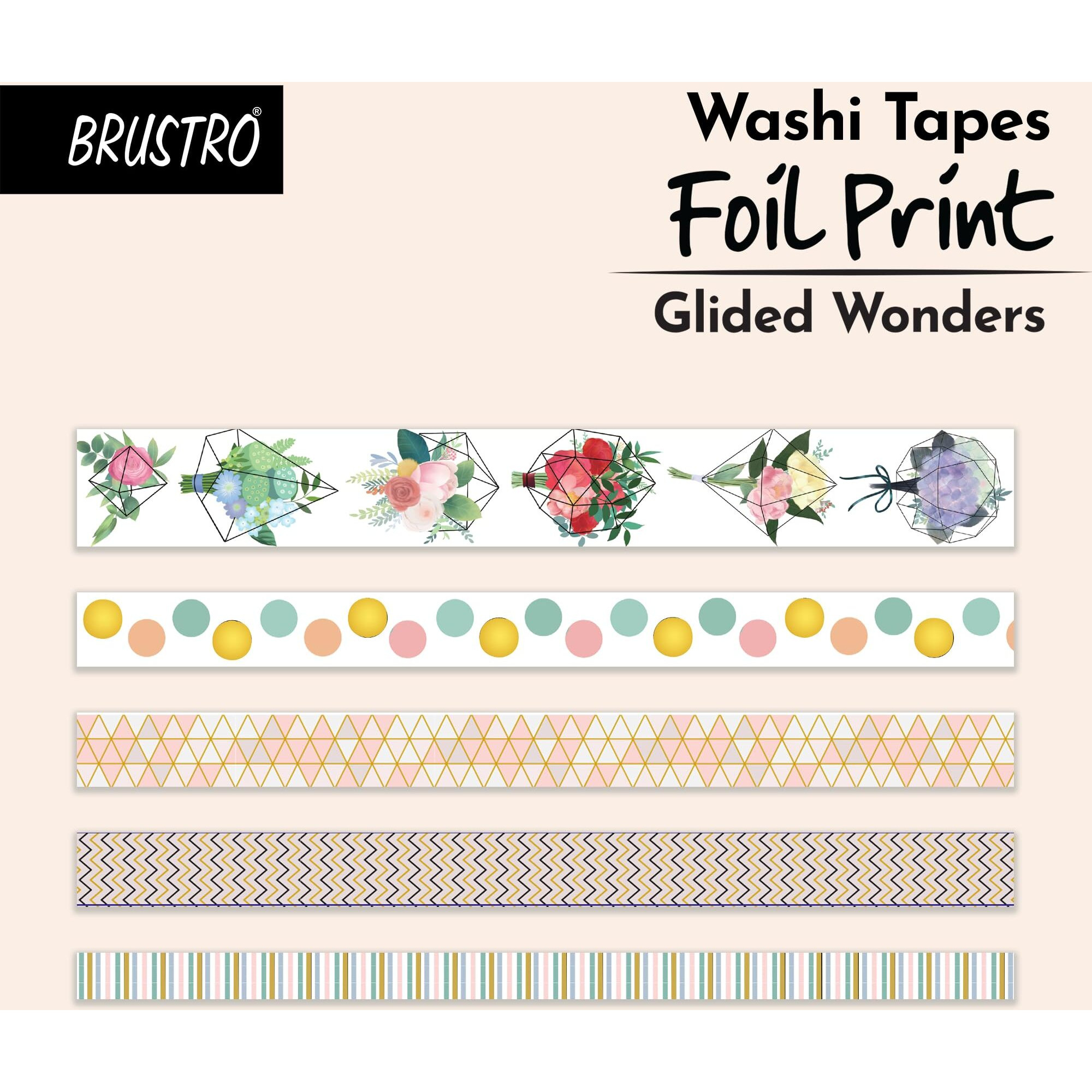 Brustro Washi Masking Tapes Foil Prints Glided At All Places Wonders Shade, Set Of 5 (25 Mm X 5M - 1 Tape, 15 Mm X 5M - 3 Tapes, 7Mm X 5M - 1 Tape)