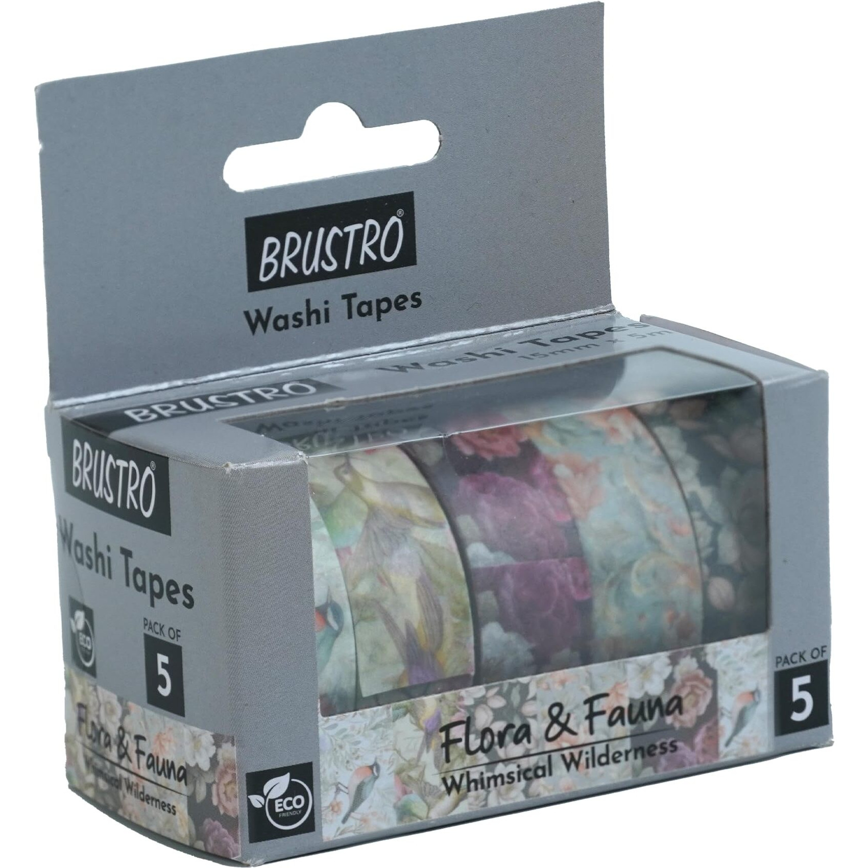 Brustro Washi Masking Tapes Flora And Fauna Shade, 15 Mm X 5 Mtrs (Set Of 5)