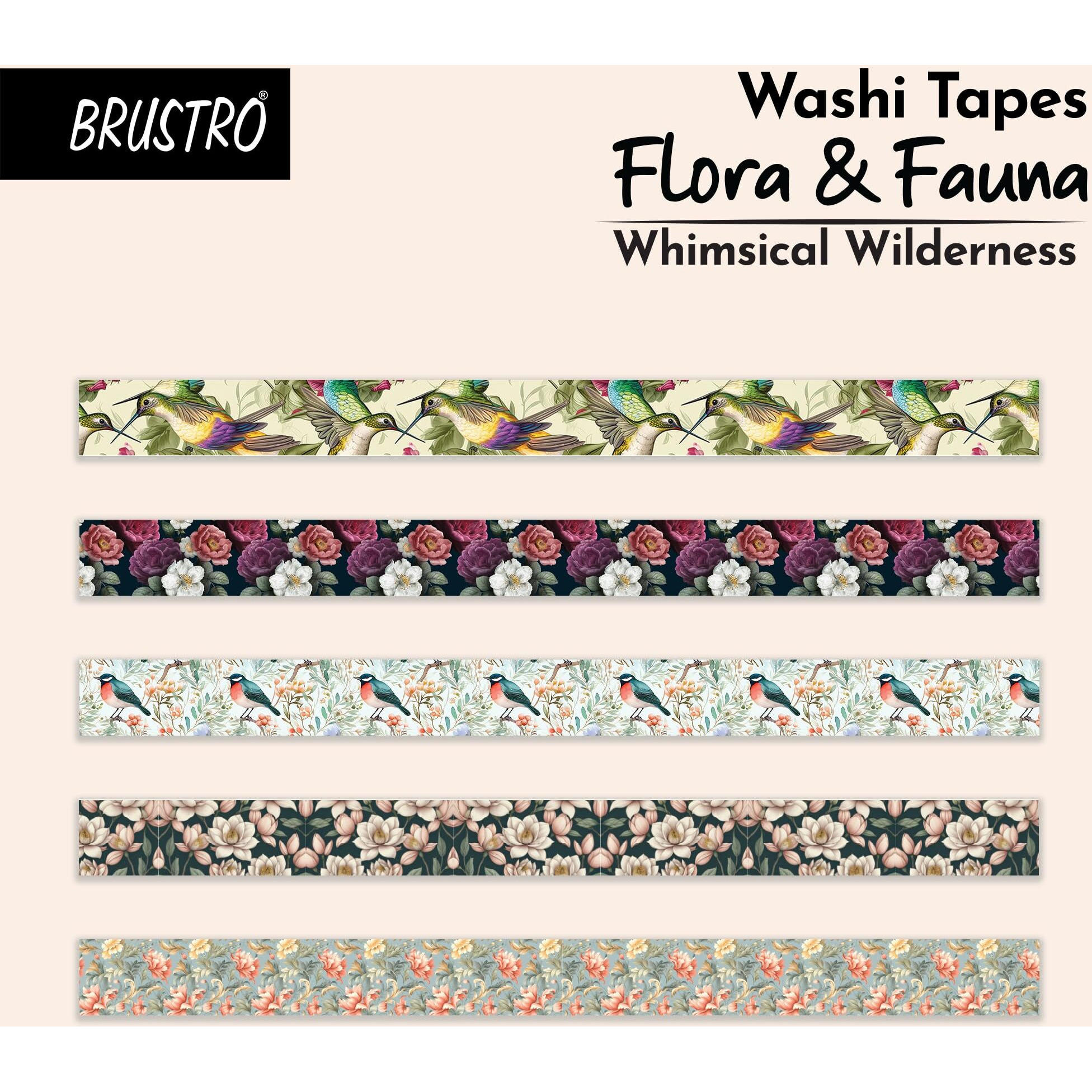 Brustro Washi Masking Tapes Flora And Fauna Shade, 15 Mm X 5 Mtrs (Set Of 5)