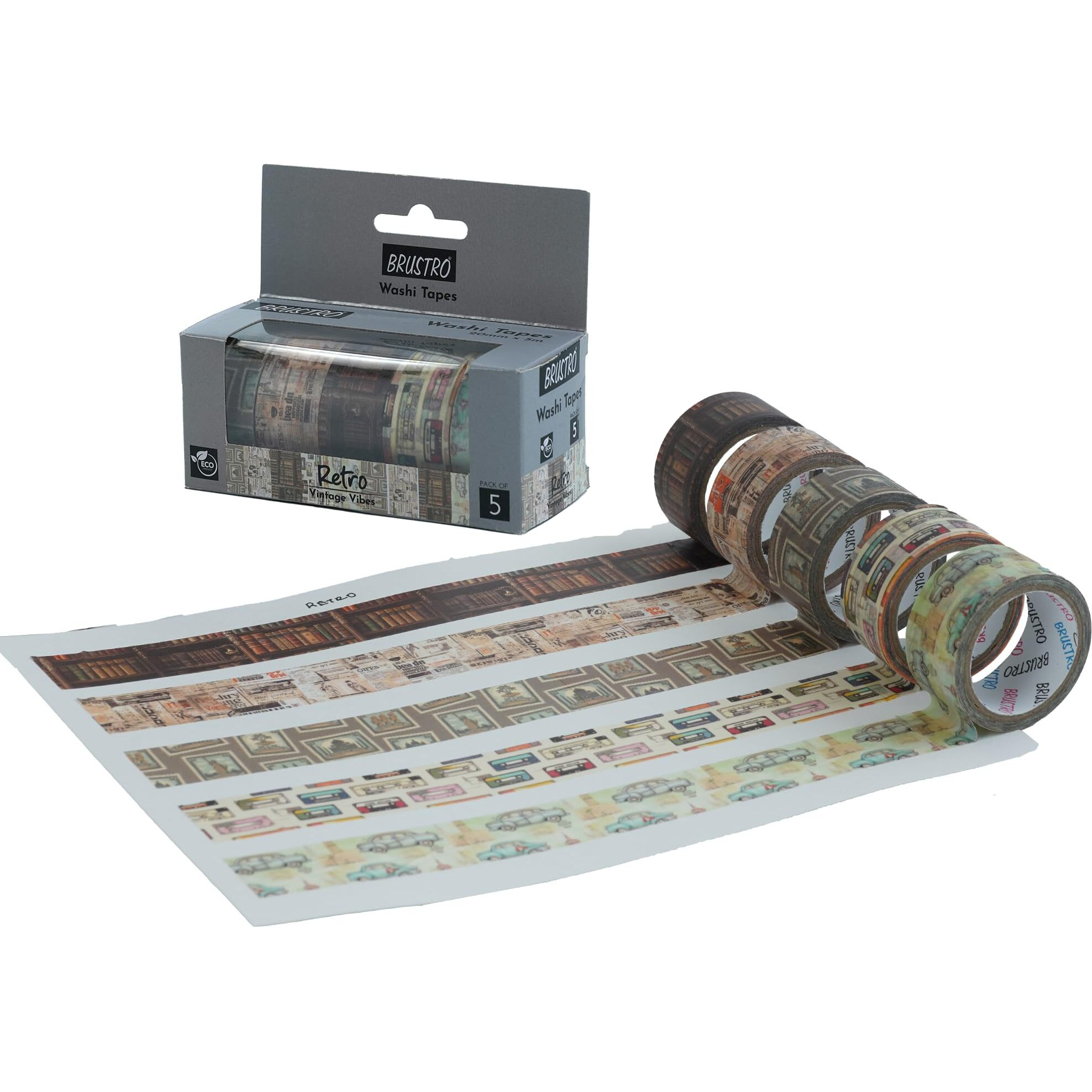 Brustro Washi Masking Tapes Retro Series, 20 Mm X 5 M (Set Of 5)