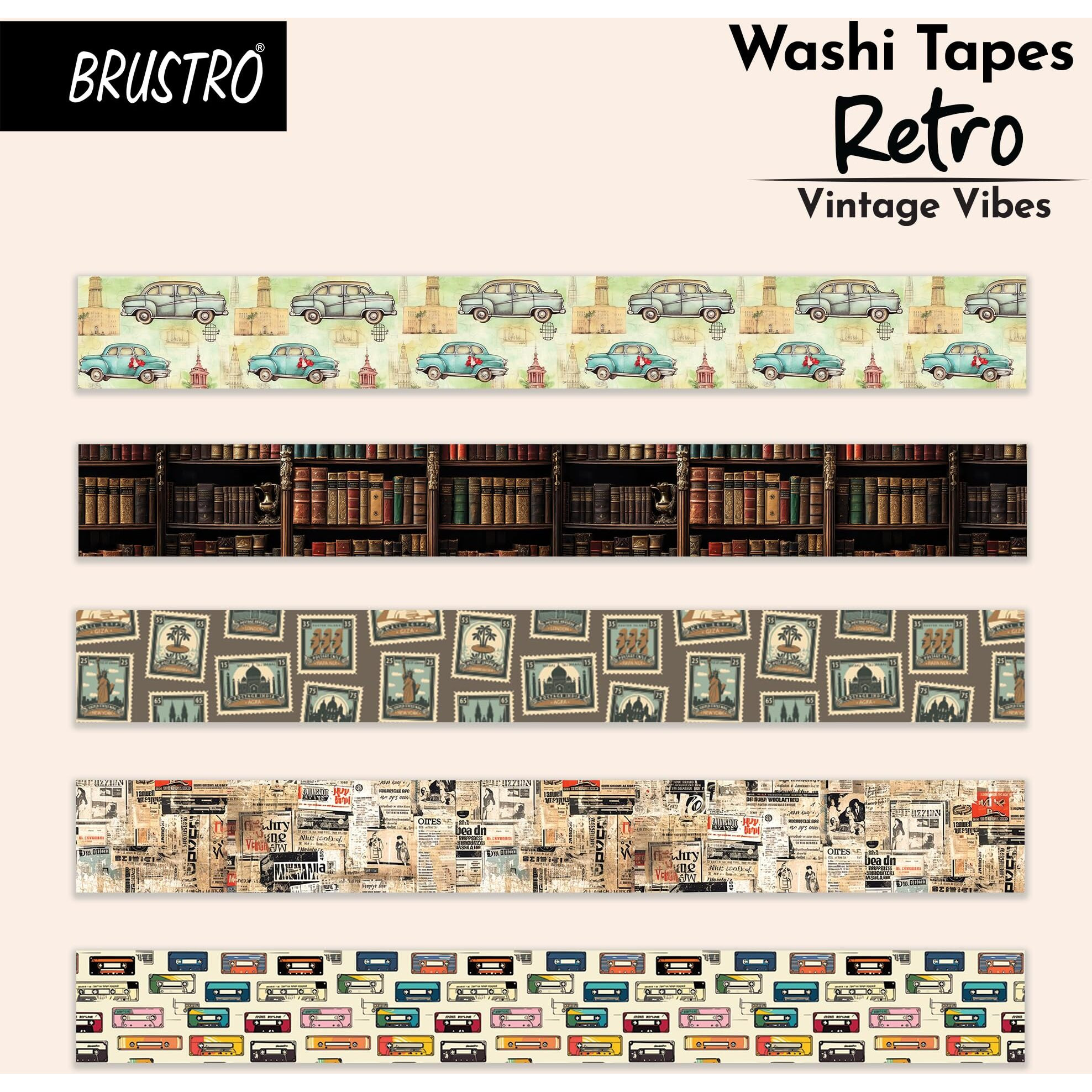 Brustro Washi Masking Tapes Retro Series, 20 Mm X 5 M (Set Of 5)