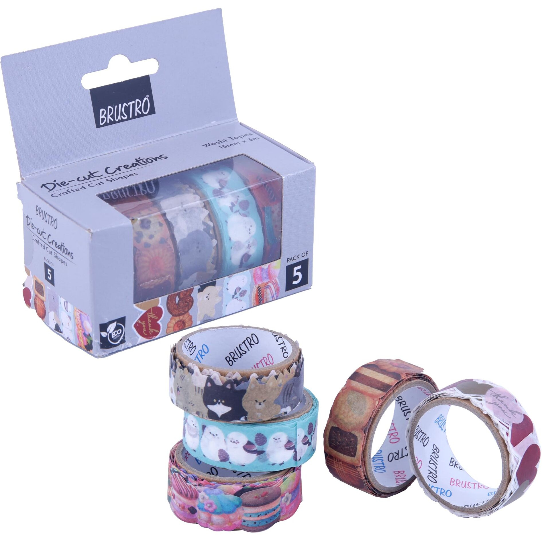 Brustro Die-Cut Creations Washi Tapes | Set Of 5 | 15 Mm X 3 Mtrs | Low Tack Adhesive, Ideal For Scrapbooking, Planners, Card/Gift Wrapping, Diy, Home Decor, Art & Craft Supplies