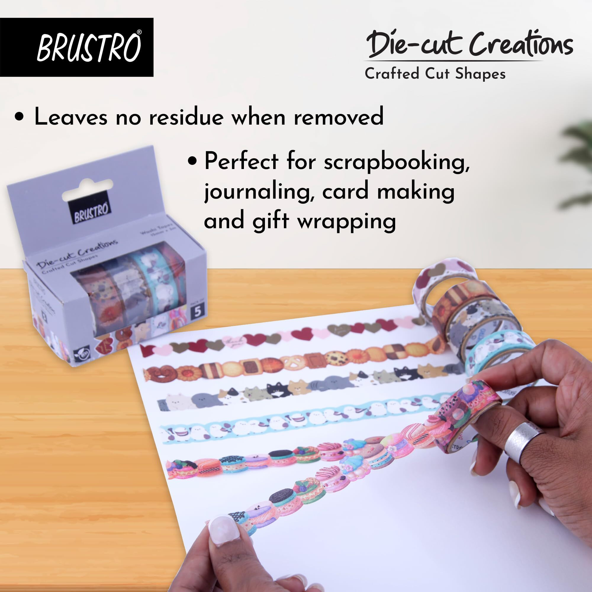 Brustro Die-Cut Creations Washi Tapes | Set Of 5 | 15 Mm X 3 Mtrs | Low Tack Adhesive, Ideal For Scrapbooking, Planners, Card/Gift Wrapping, Diy, Home Decor, Art & Craft Supplies