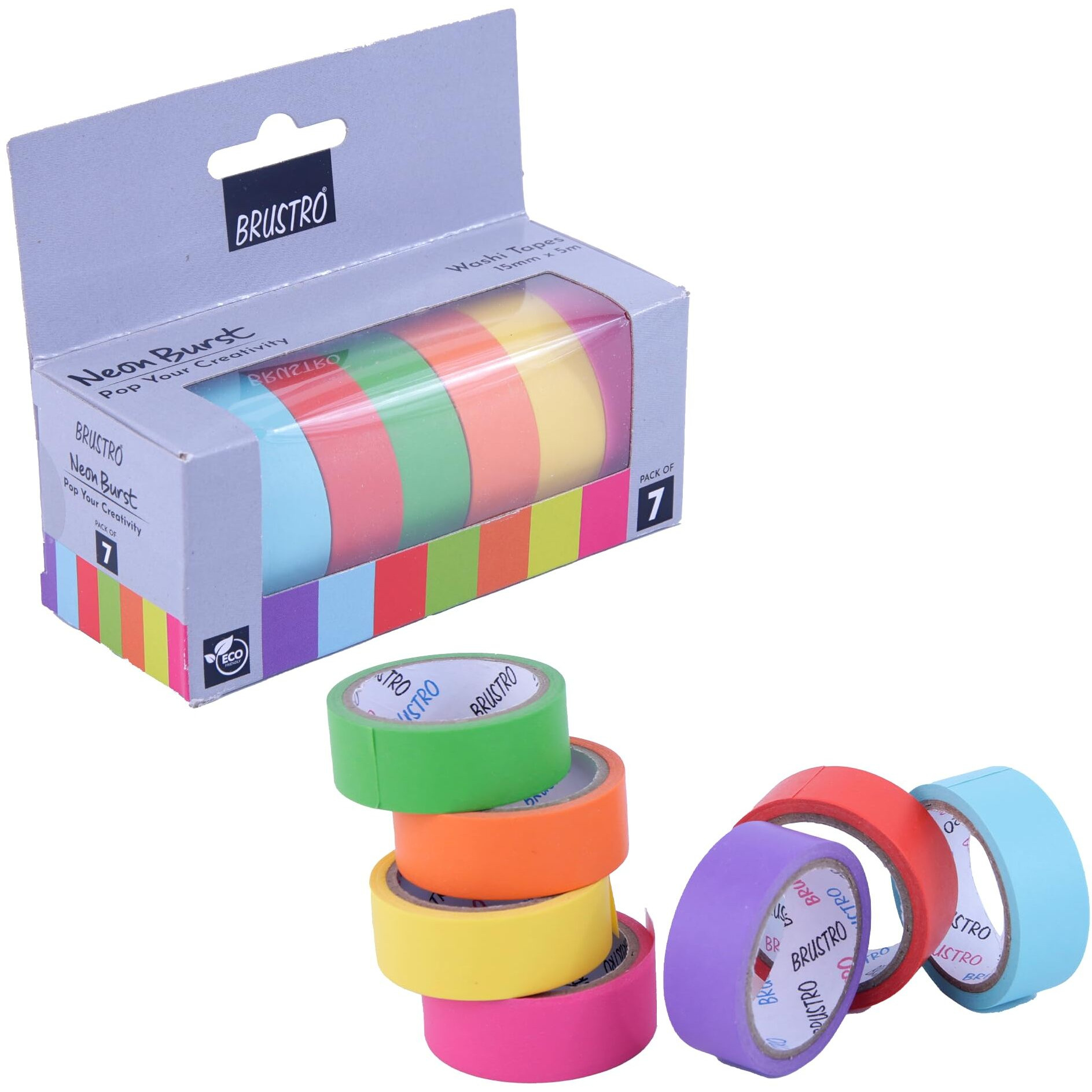 Brustro Neon Burst Washi Tapes | Set Of 7 | 15 Mm X 5 Mtrs | Low Tack Adhesive, Ideal For Scrapbooking, Planners, Card/Gift Wrapping, Diy, Home Decor, Art & Craft Supplies