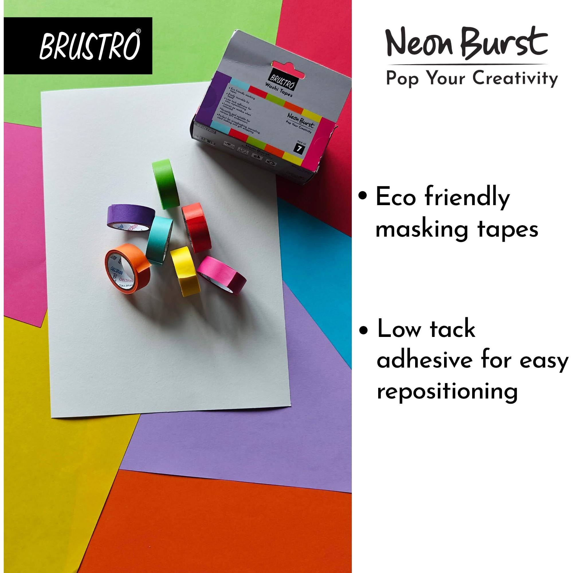 Brustro Neon Burst Washi Tapes | Set Of 7 | 15 Mm X 5 Mtrs | Low Tack Adhesive, Ideal For Scrapbooking, Planners, Card/Gift Wrapping, Diy, Home Decor, Art & Craft Supplies