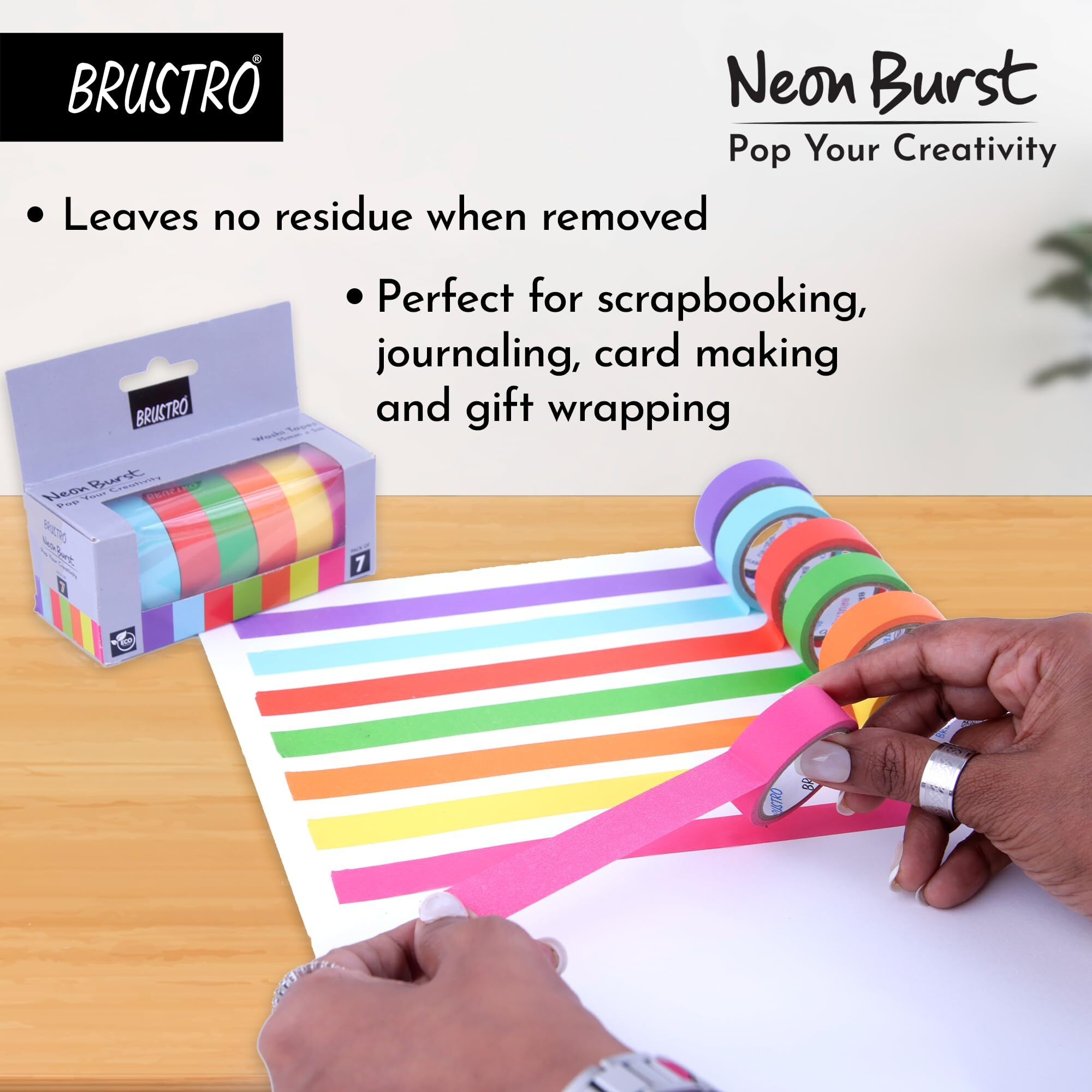 Brustro Neon Burst Washi Tapes | Set Of 7 | 15 Mm X 5 Mtrs | Low Tack Adhesive, Ideal For Scrapbooking, Planners, Card/Gift Wrapping, Diy, Home Decor, Art & Craft Supplies