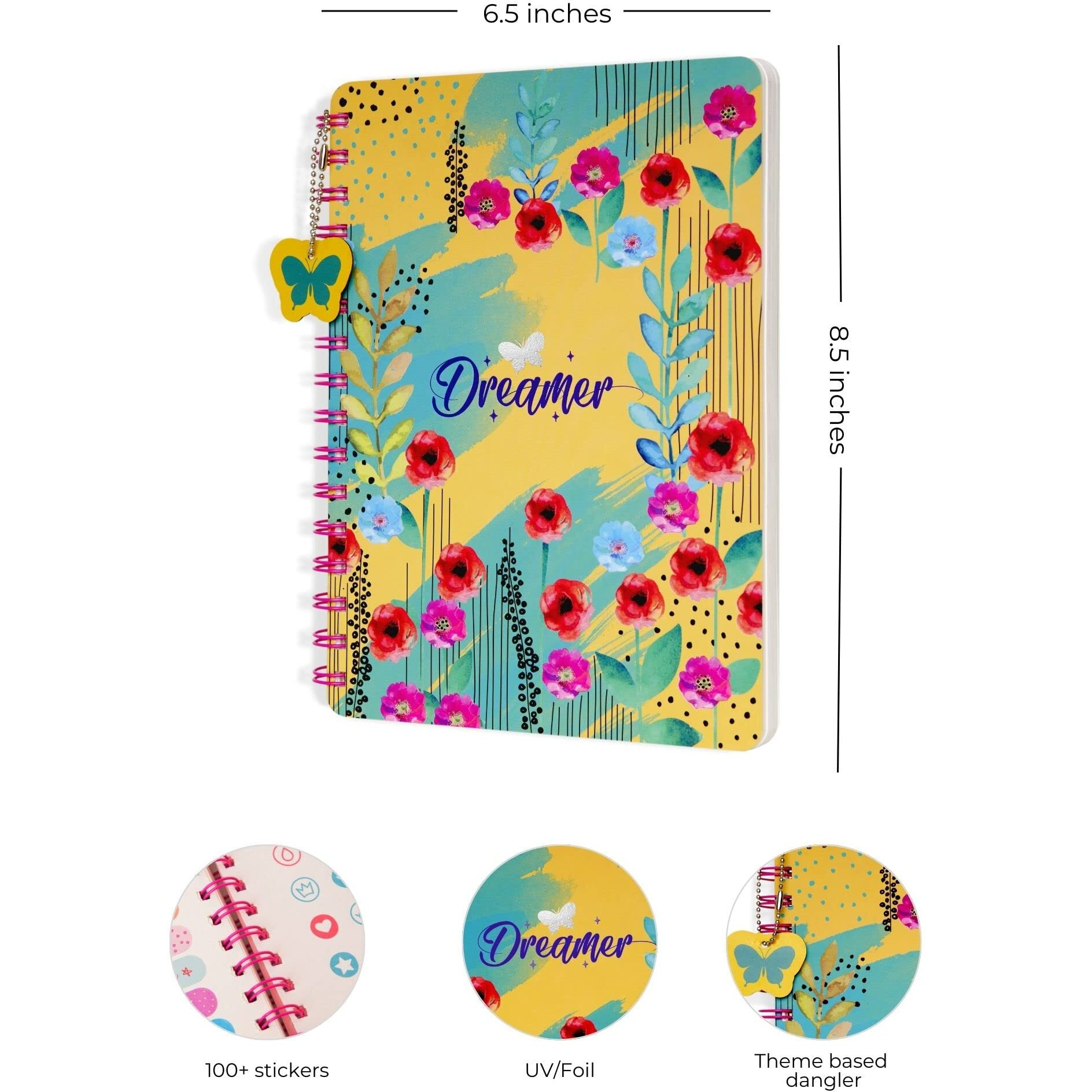 Doodle B5 Hardbound Wiro Notebook With Theme Based Dangler, 160 Undated Ruled Pages, 80Gsm Acid Free Recyclable Paper, Open Flat And Write Comfortably, 2 Sticker Sheets(Flower Fun)