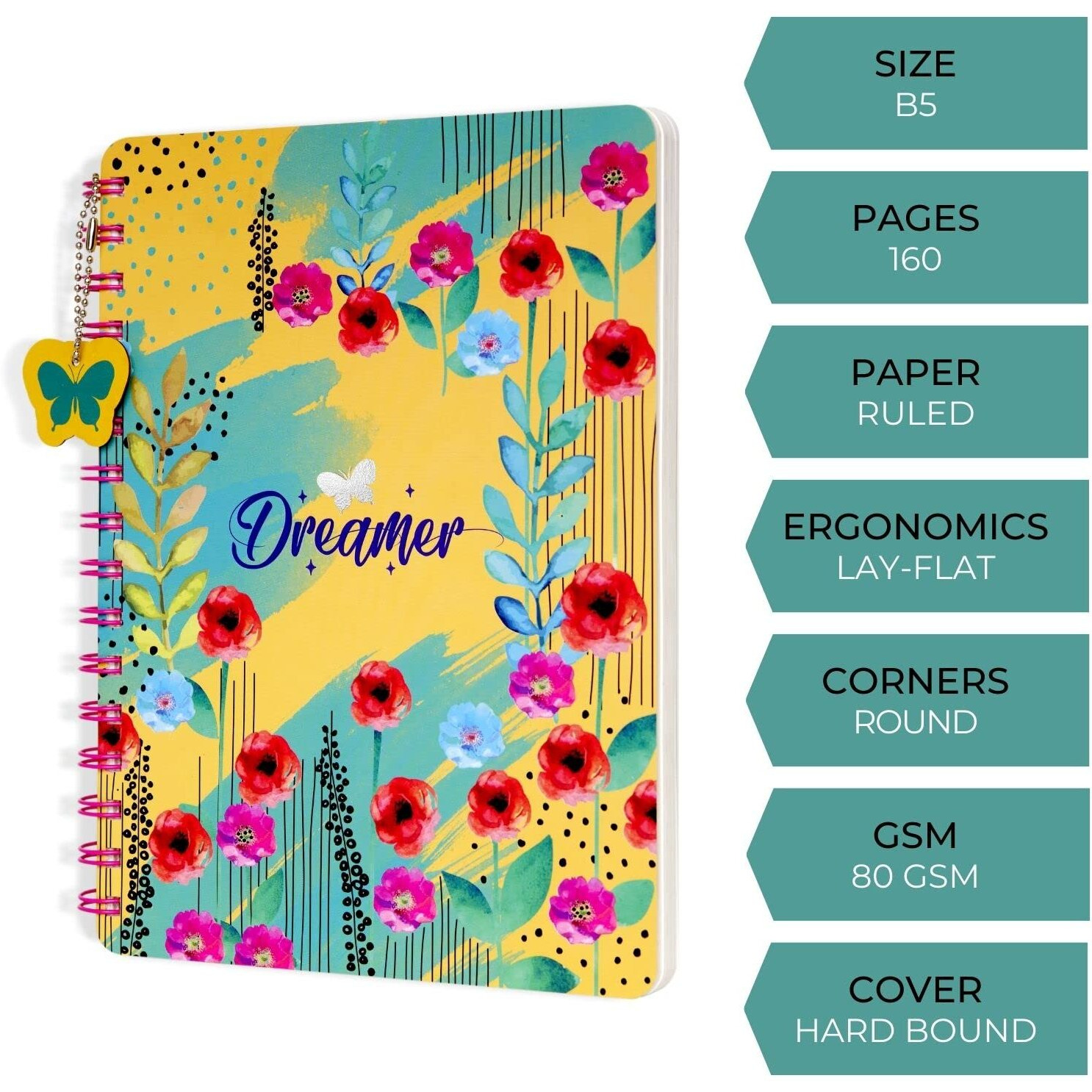 Doodle B5 Hardbound Wiro Notebook With Theme Based Dangler, 160 Undated Ruled Pages, 80Gsm Acid Free Recyclable Paper, Open Flat And Write Comfortably, 2 Sticker Sheets(Flower Fun)