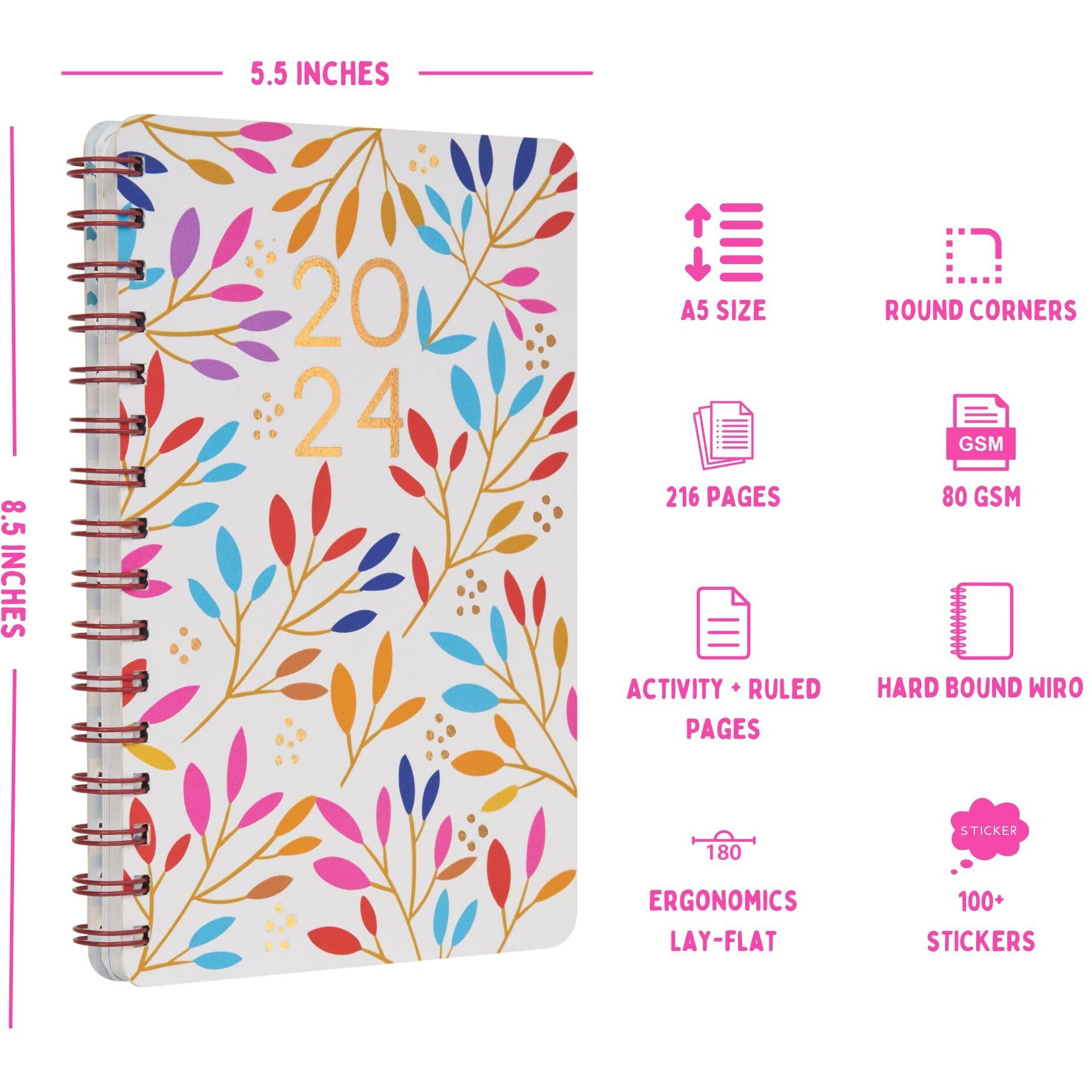 Doodle Undated Yearly Planner (A5, Wiro Bound Hard Cover) | 216 Ruled Pages, 80 Gsm Paper | Daily, Monthly & Yearly Planner With 100+ Stickers, Activity Pages, Tear-Away Note & Quote Cards, To-Do Lists