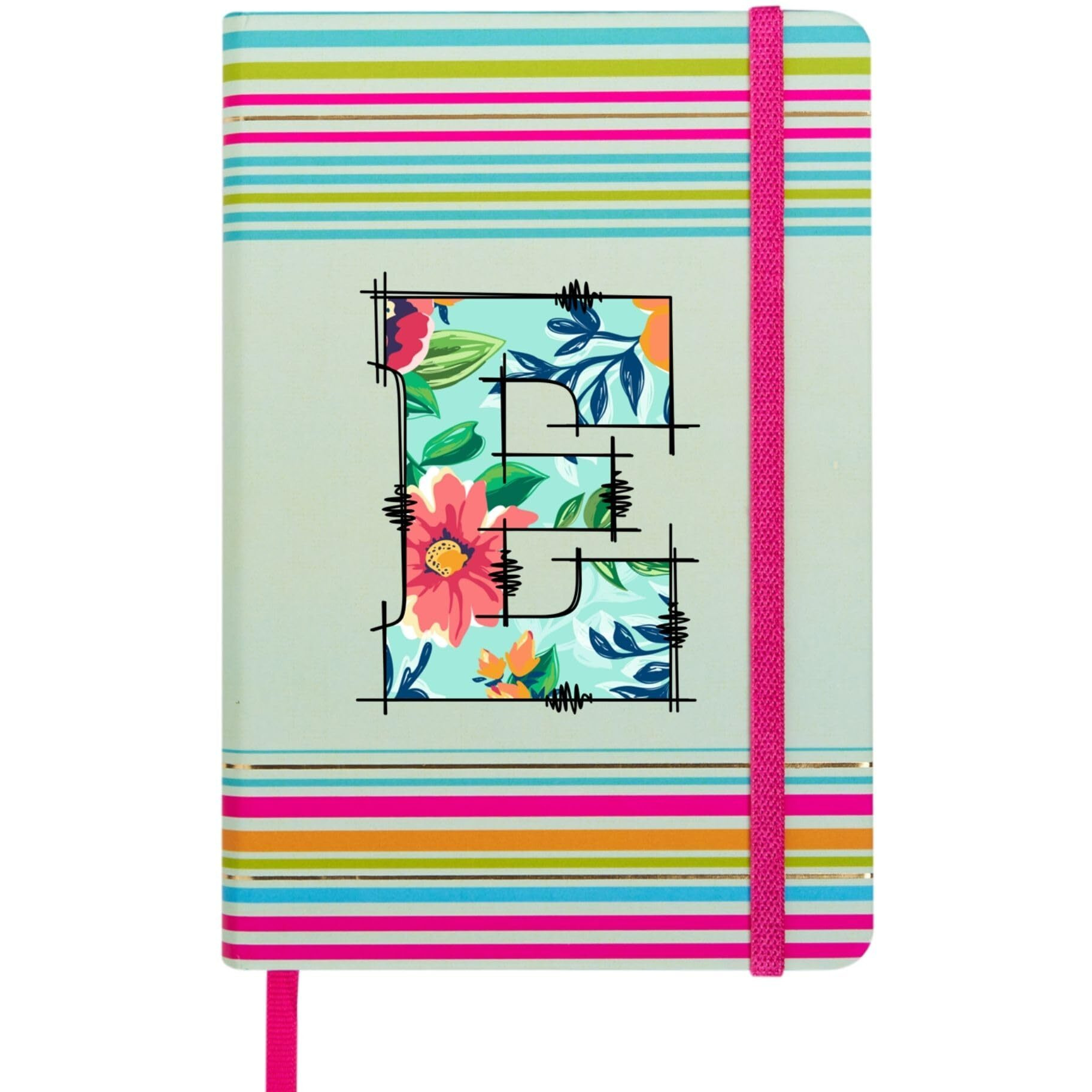 Doodle Initial E Stripes Theme Premium Hard Bound B6 Notebook Diary|192 Ruled Pages(144 Ruled + 48 Blank)|4.75 * 7 Inches, 80 Gsm Paper, Coloured Elastic Band, Coloured Ribbon