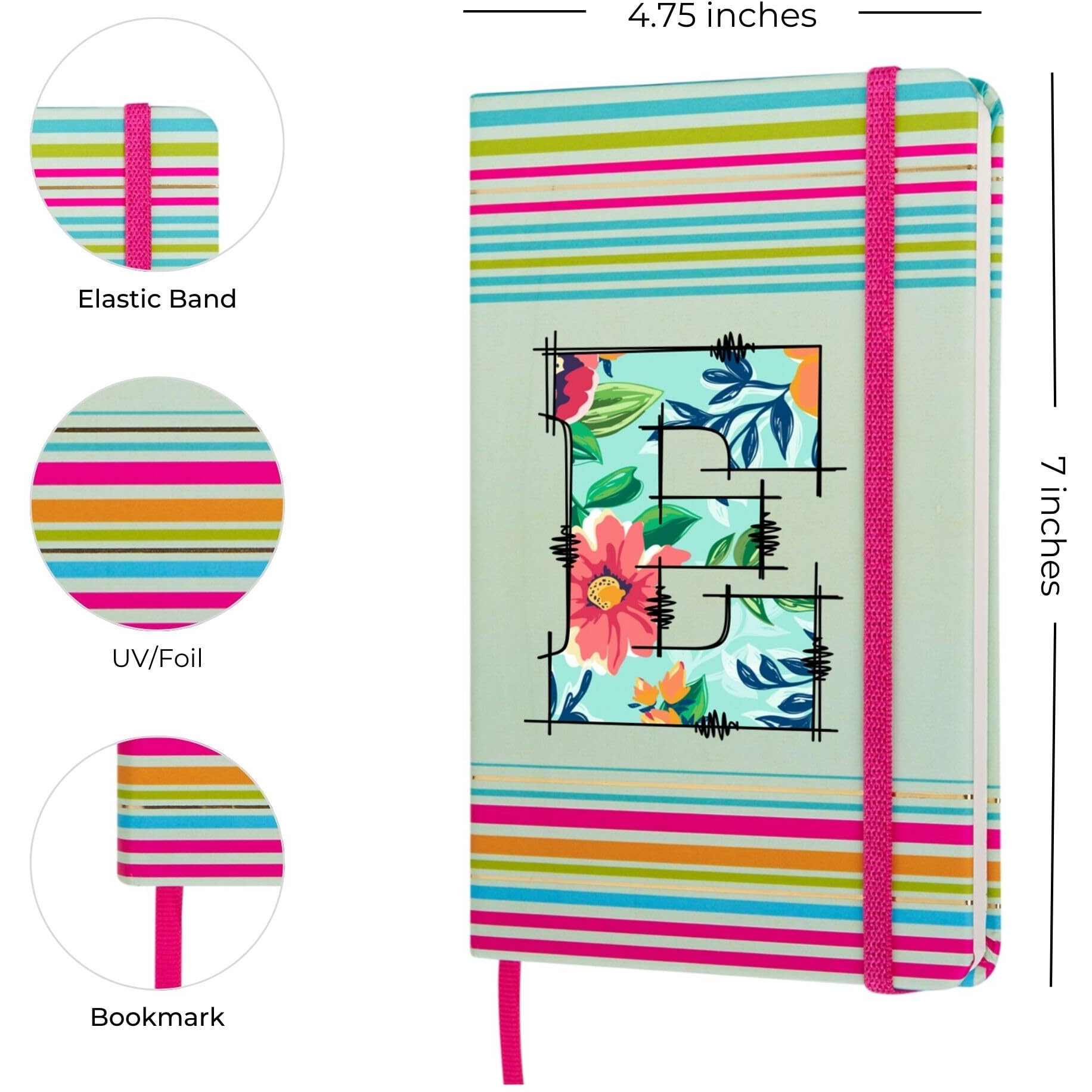 Doodle Initial E Stripes Theme Premium Hard Bound B6 Notebook Diary|192 Ruled Pages(144 Ruled + 48 Blank)|4.75 * 7 Inches, 80 Gsm Paper, Coloured Elastic Band, Coloured Ribbon