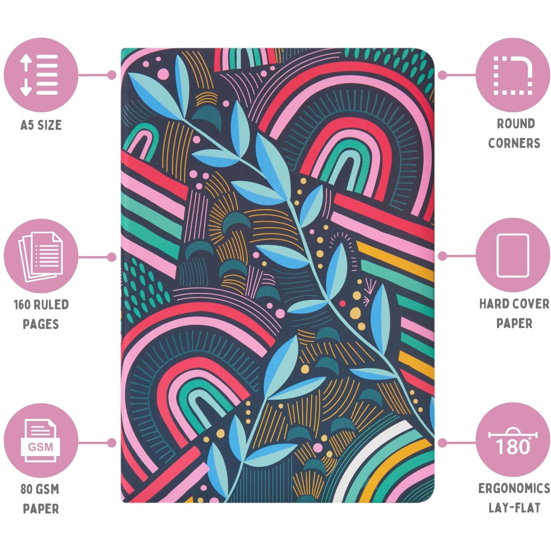 Doodle Hard Bound Soft Foam Padded Paper Notebook | Compact Size A5 (8.25 X 5.7) | 160 Pages, 80 Gsm | Flat Opening | Soft Foam Padding | Two Satin Ribbons - Glorious Arcs
