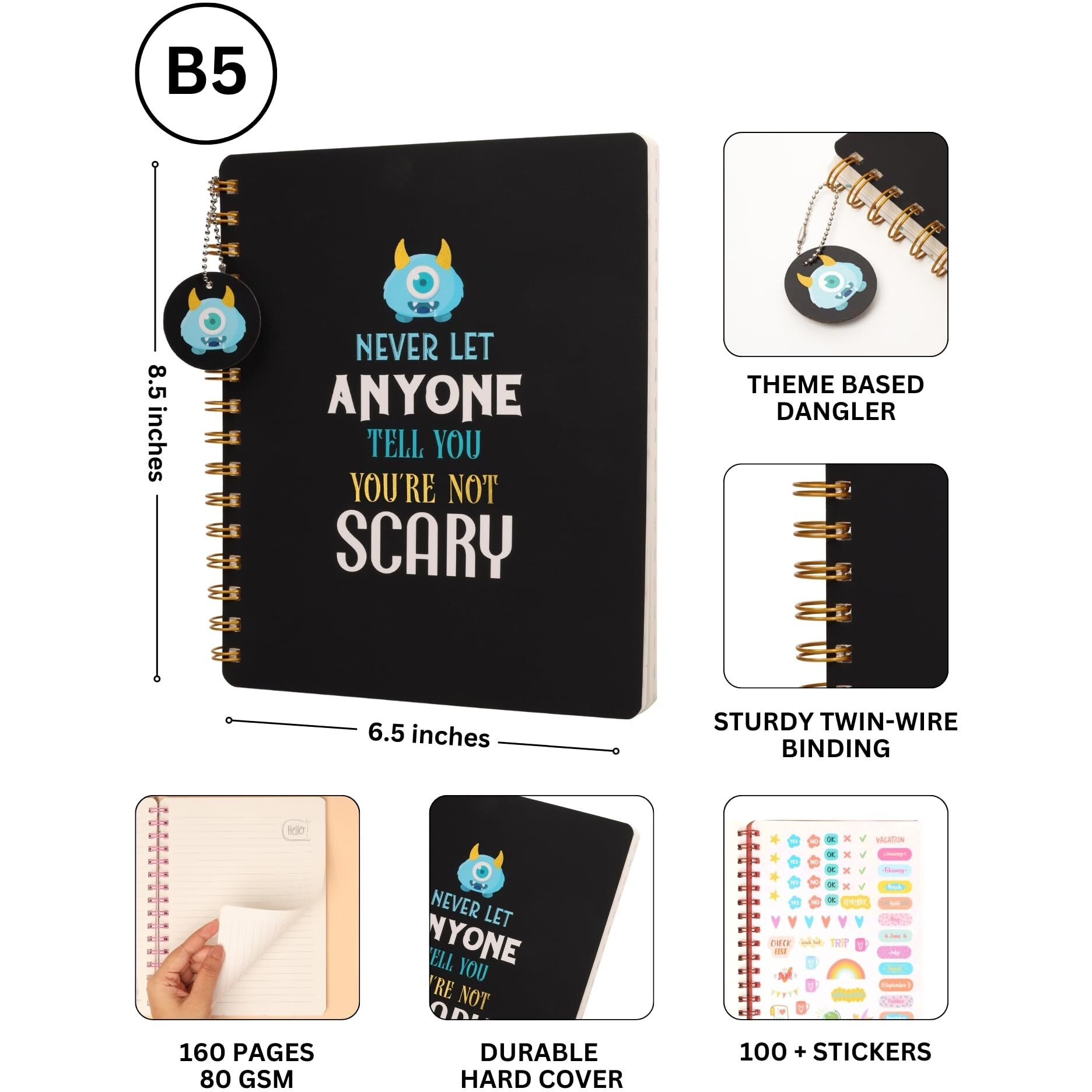Doodle Hardbound Spiral Notebook Diary With Bookmark Dangler And 100+ Stickers | B5 | 160 Undated Ruled Pages | 80 Gsm Acid Free Paper | Open Flat And Write Comfortably - Monster Mind