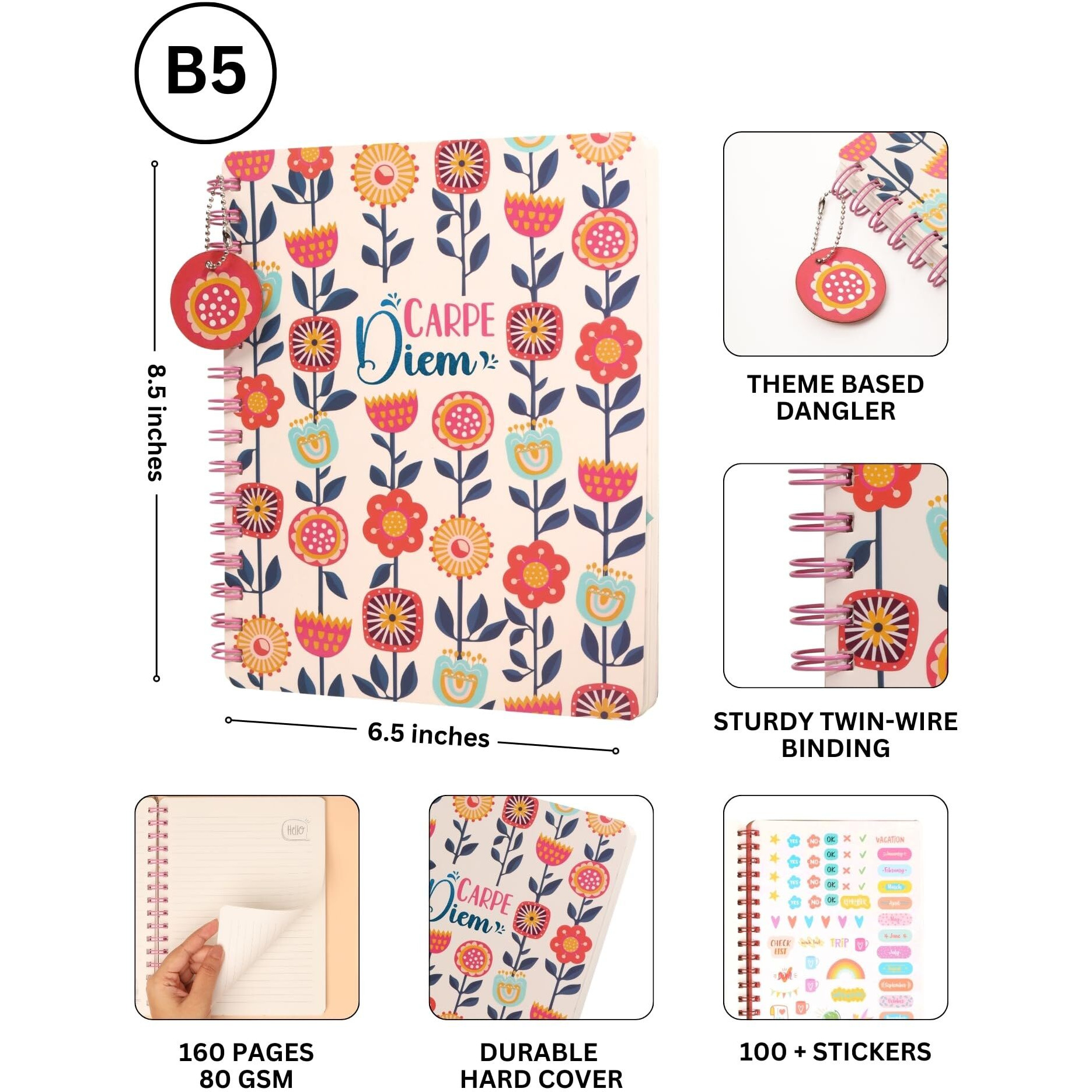 Doodle Hardbound Spiral Notebook Diary With Bookmark Dangler And 100+ Stickers | B5 | 160 Undated Ruled Pages | 80 Gsm Acid Free Paper | Open Flat And Write Comfortably - Carpe Diem