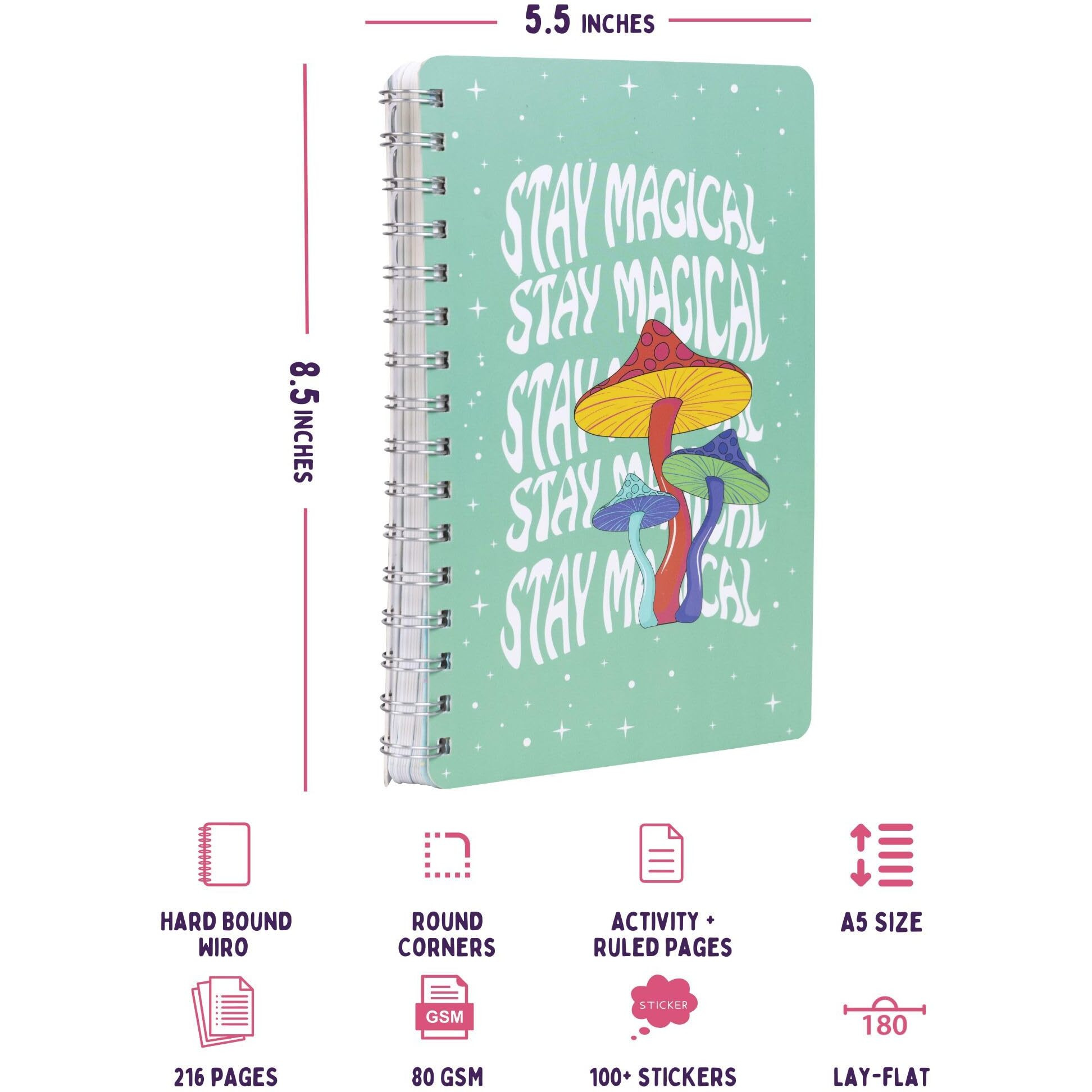 Doodle Wiro Hard Bound A5 Planner With 100+ Stickers | Undated Yearly, Monthly, Daily Planner With 16 Theme Based Activity Pages |16 Tear Away Note Cards & Quote Cards I To Do List | 216 Ruled Pages I 80 Gsm (Stay Magical)