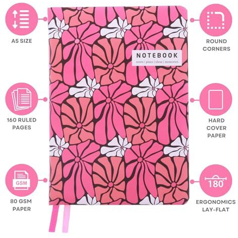 Doodle Hard Bound Soft Foam Padded Hard Cover Paper Notebook | Compact A5 Size (8.25 X 5.7) | 160 Pages, 80 Gsm | Flat Opening | Round Corners | Soft Foam Padding | 2 Bookmark Ribbons - Retro Bloom