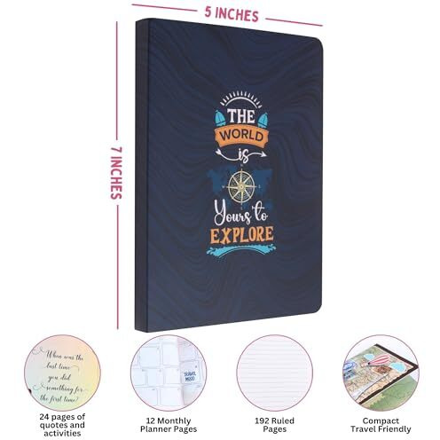 Doodle Travelogue Hard Bound B6 Travel Planner | 24 Monthly Planner Pages | 24 Motivational Quote Pages (5 X 7 Inches, 80 Gsm, 240 Pages) Gift For Travel Lovers (Wander Wheel)