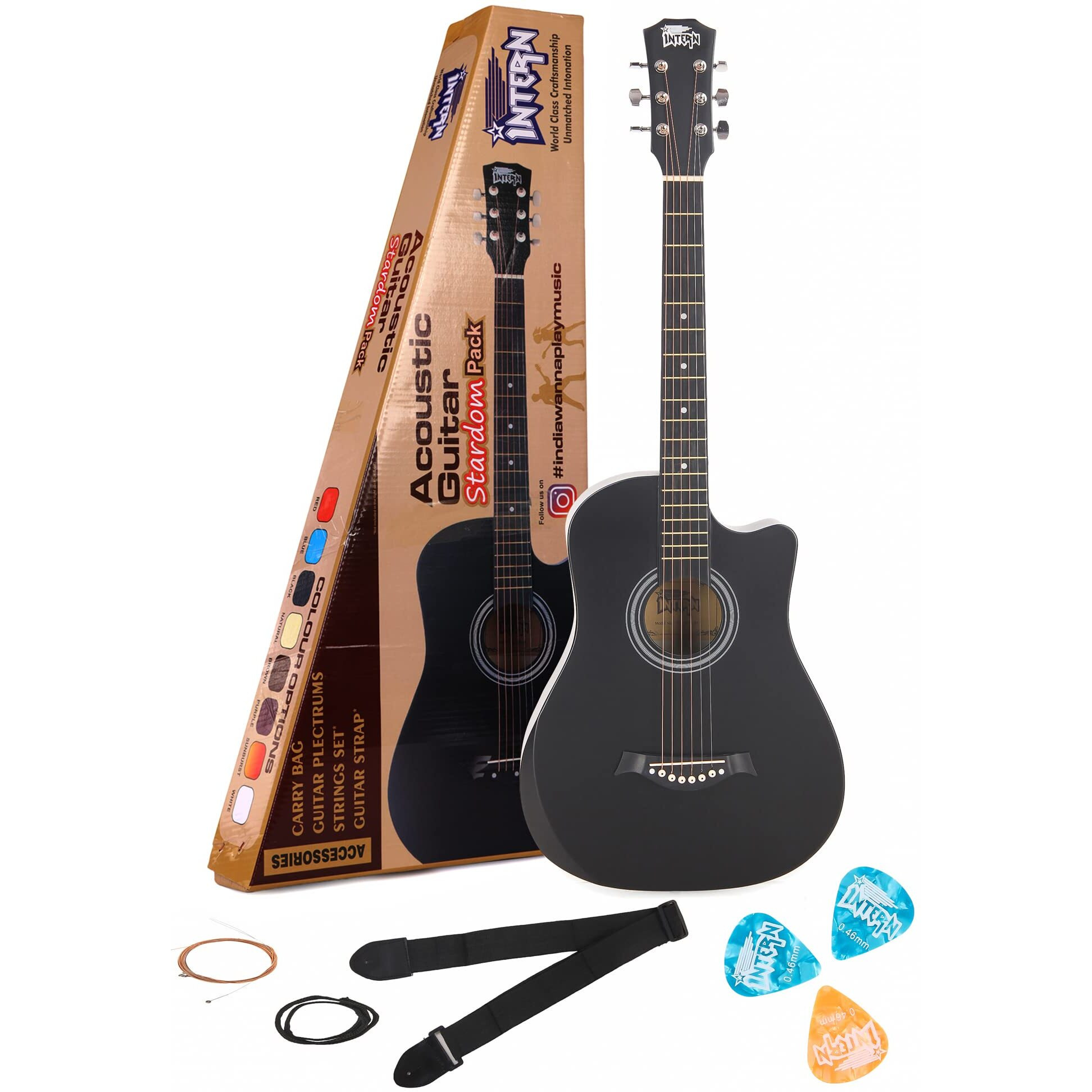 Intern Cutaway Design Acoustic Guitar Pack -Humidity Proof, Bend Resistance, Durable Action, Natural Tone & Bright Resonance. Black Carbon Fibre/Fiber Guitar With Bag, Strap, Strings Set & Plectrums.