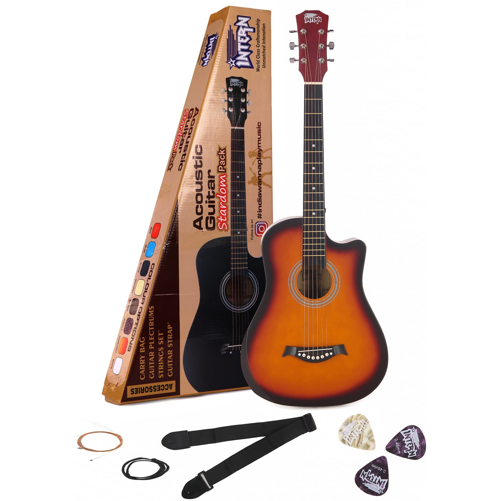 Intern Cutaway Design Acoustic Guitar Pack -Humidity Proof, Bend Resistant, Durable Action, Natural Tone & Resonance. Sunburst Carbon Fibre/Fiber Guitar With Carry Bag, Strap, Strings Set, Picks.