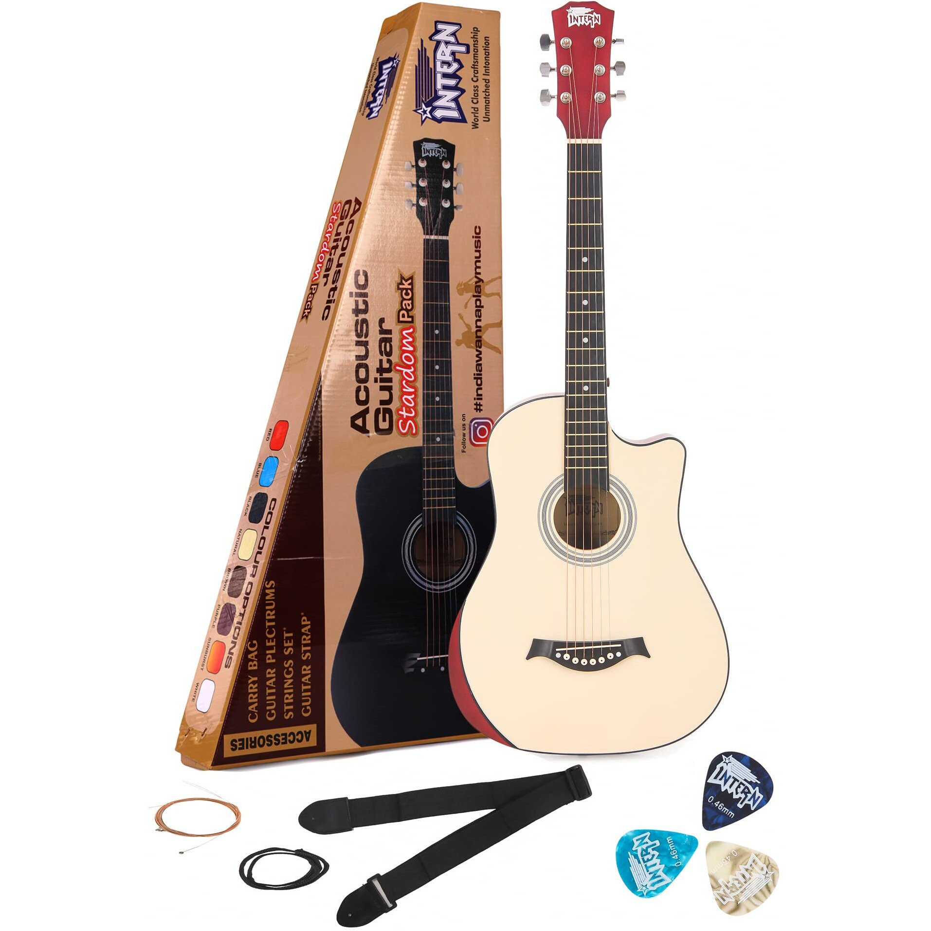 Intern Cutaway Design Acoustic Guitar Pack -Humidity Proof, Bend Resistant, Durable Action, Natural Tone & Resonance. Natural Carbon Fibre/Fiber Guitar With Bag, Strap, Strings Set & Plectrums.
