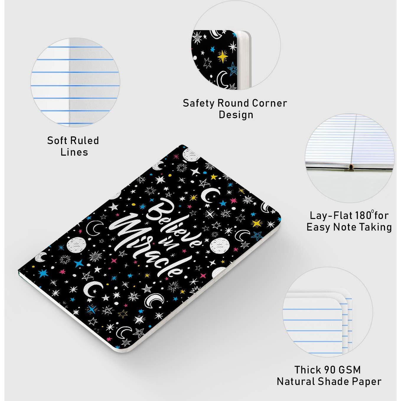 Factor Notes Notebook 90 Gsm, B6, Ruled, 112 Pages Journal Diary (Believe In Miracle)