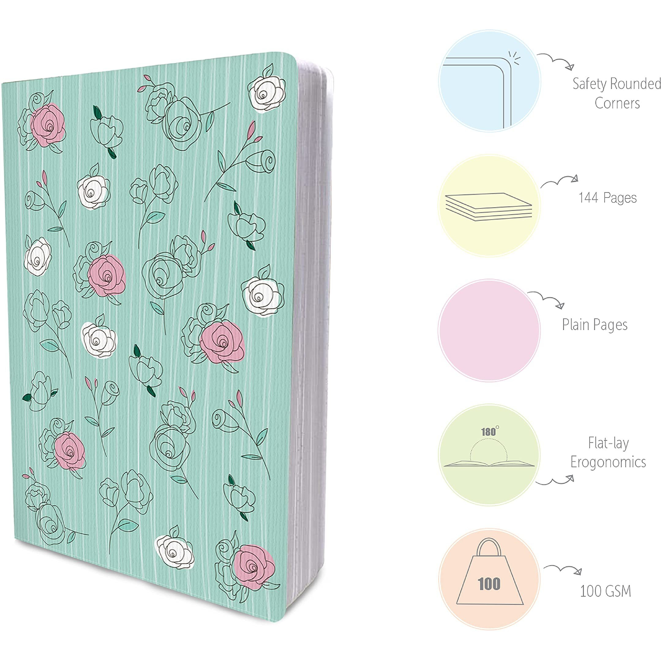Factor Notes Notebook 100 Gsm Natural Shade Paper Journal Diary, A5, 144 Pages (The Pastel Mint Roses, Plain)
