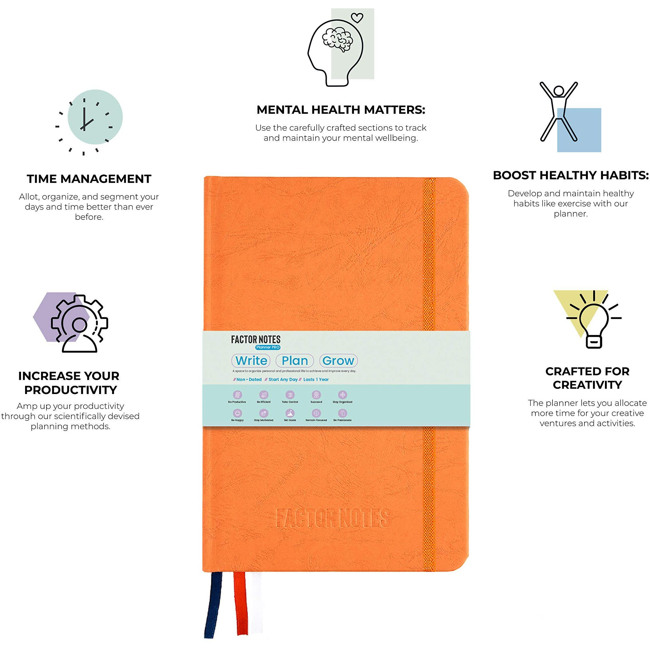 Factor Notes Life Planner 12 Months Undated|Productivity Stickers|Habit Tracker|Hardbound (Orange)