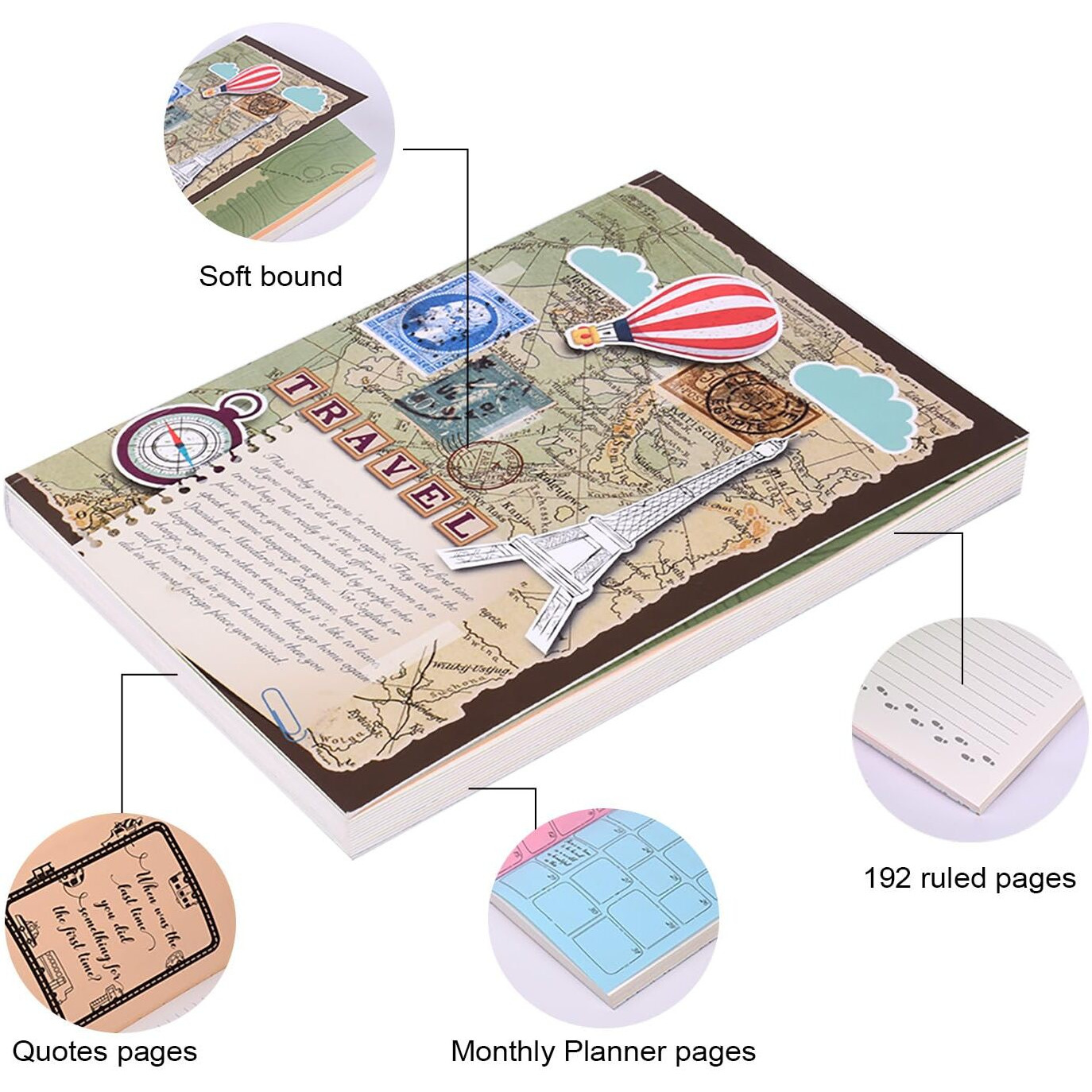 Doodle Travelogue Paper Based Hard Bound Travel Journal Diary | 24 Monthly Planner Pages | 24 Motivational Quote Pages (5 X 7 Inches, 80 Gsm, 240 Pages) Gift For Travel Lovers