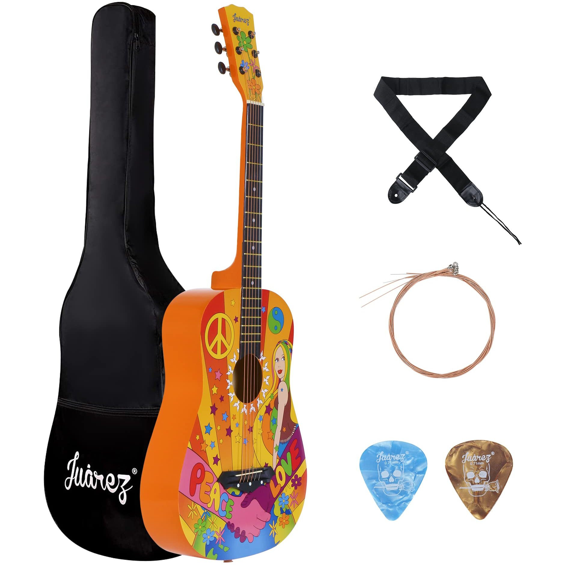 Jurez Acoustic Guitar, 38 Inch Cutaway, Jrz38Ct, Hippie Funky Design, With Bag, Picks, Strap & Extra String Set