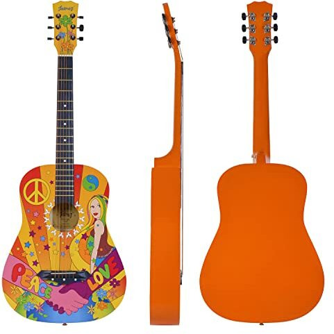 Jurez Acoustic Guitar, 38 Inch Cutaway, Jrz38Ct, Hippie Funky Design, With Bag, Picks, Strap & Extra String Set