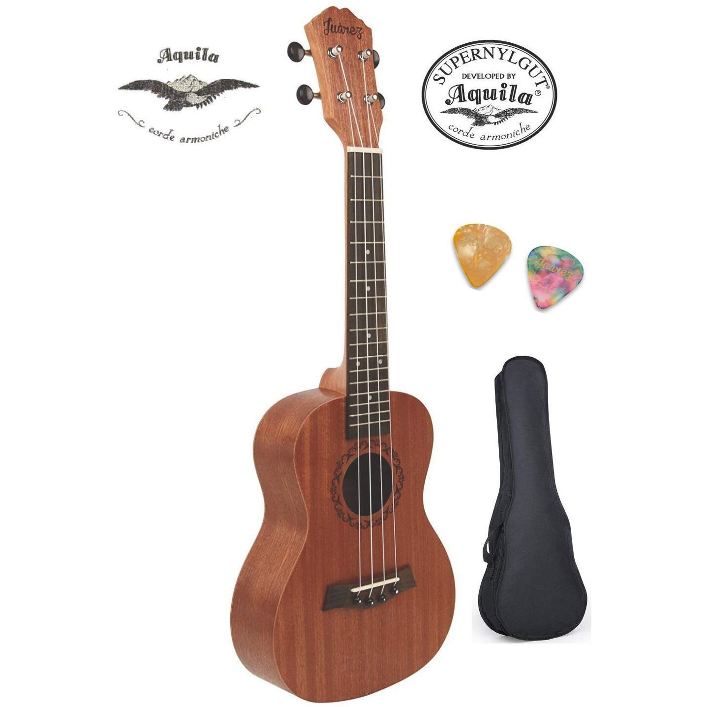 Juarez Jrz23Uk/Na 23" Concert Size Ukulele Kit, Aquila Strings, Sapele Body, Rosewood Fingerboard, Matte Finish, With Bag And Picks, Natural Brown