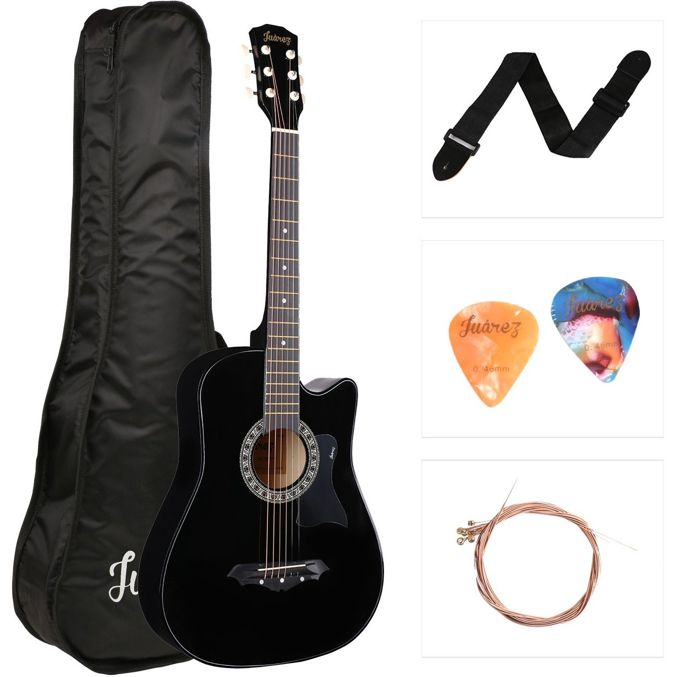 Juarez Acoustic Guitar, 38 Inch Cutaway With Pick Guard, 38Cpg With Bag, Strings, Pick And Strap, Black