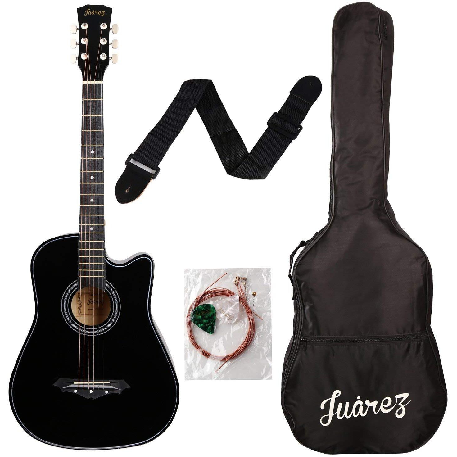 Juarez Lindenwood Acoustic Guitar, 38 Inches Curved Body Cutaway, 38Cur With Bag, Strings, Pick And Strap (Black)