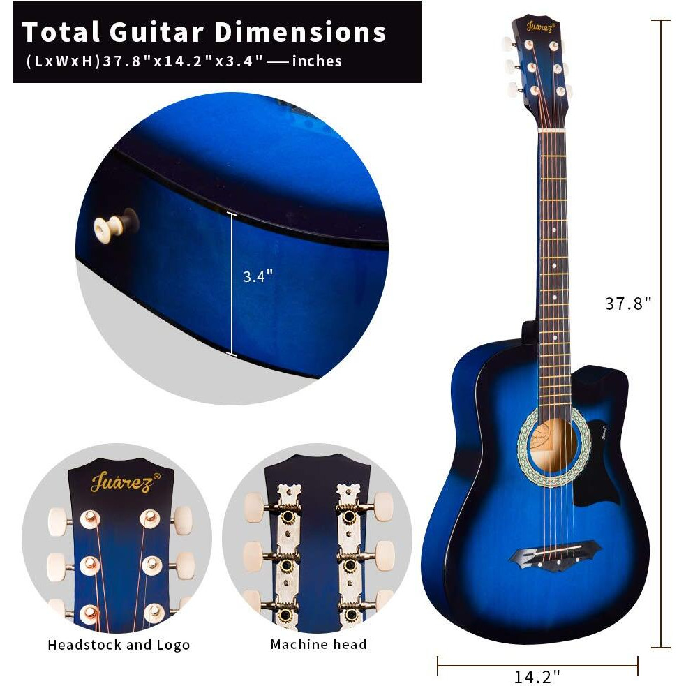 Juarez 38 Inches Lindenwood Acoustic Guitar With Dual Action Truss Rod, Bag, Picks, Allen Key, Extra String Set, Tbls Blue Sunburst