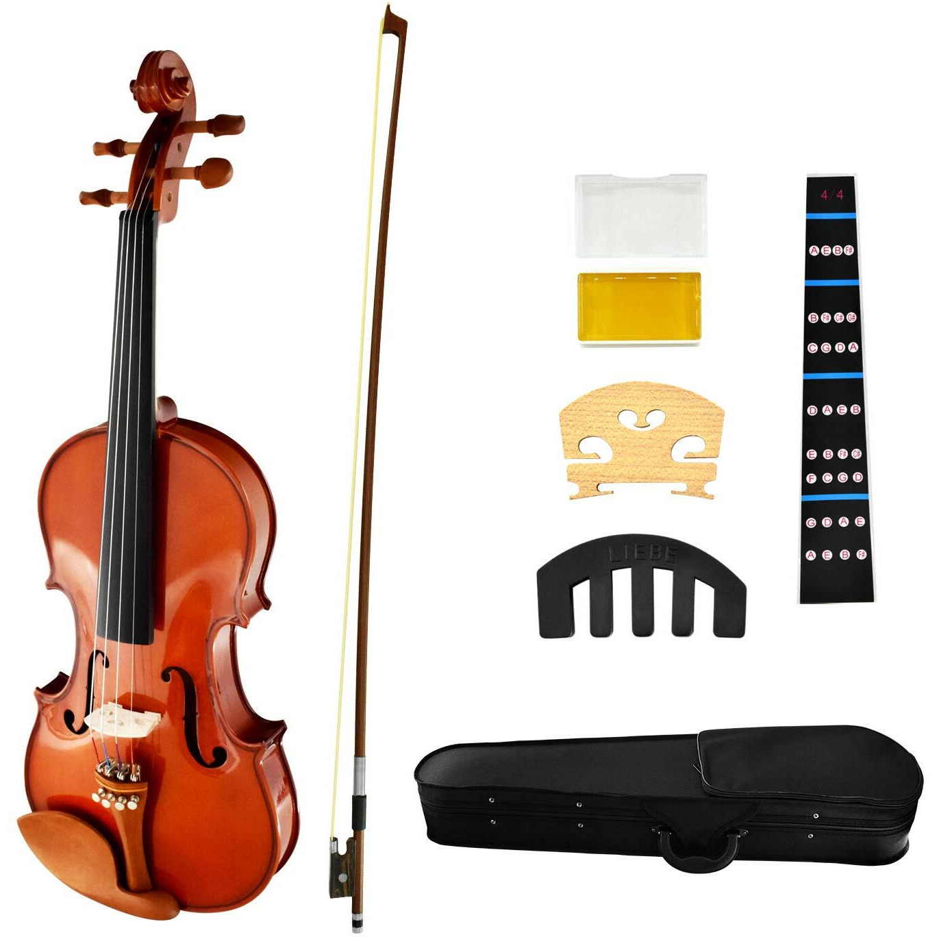 Juarez Coll Violin Kit, Full Size 4/4 White Pine Top, Solid Maple Back & Sides, Jujube Pegs, Chinrest & Tailpiece With Hickory Wood Bow,Rosin, Full Tone Sticker, Mute, Bridge, Oblong Case, Orange