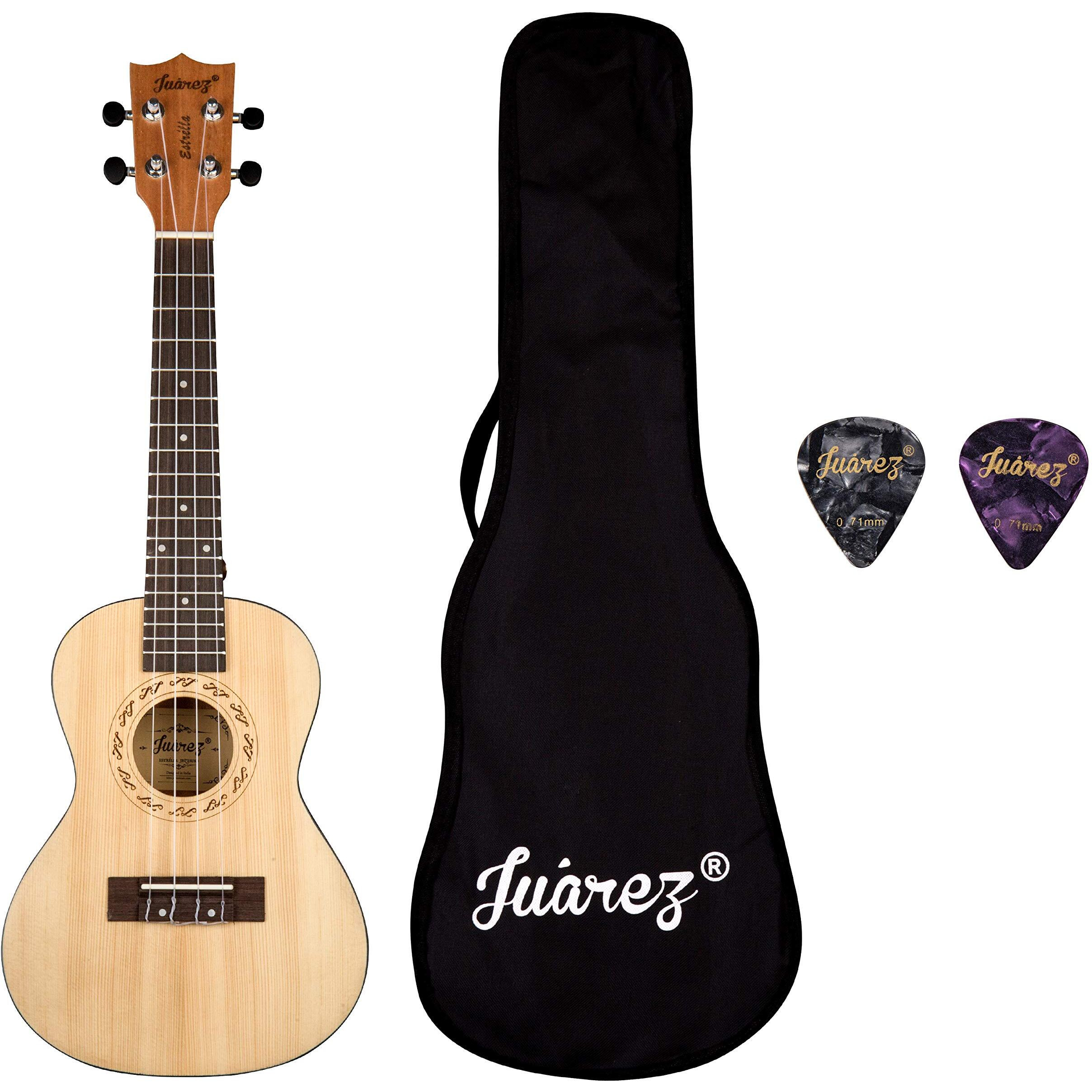 Juarez Estrlla 23" Concert Ukulele, Spruce Top, Mahogany Back & Side, Abs Binding Aquila Italian Strings, Black Diecast Machine, Rosewood Fretboard & Bridge With Gig Bag, 2 Picks, Natural