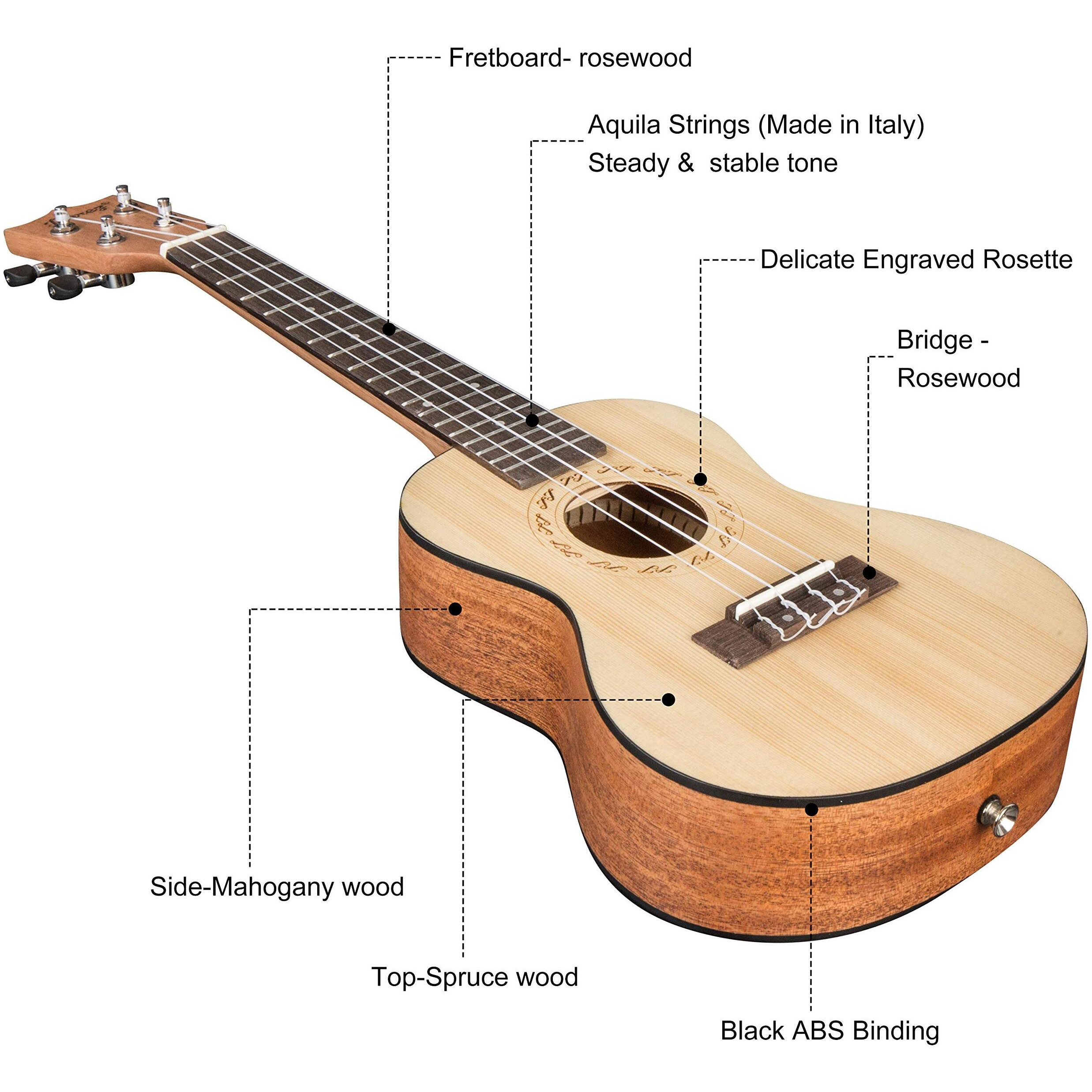 Juarez Estrlla 23" Concert Ukulele, Spruce Top, Mahogany Back & Side, Abs Binding Aquila Italian Strings, Black Diecast Machine, Rosewood Fretboard & Bridge With Gig Bag, 2 Picks, Natural