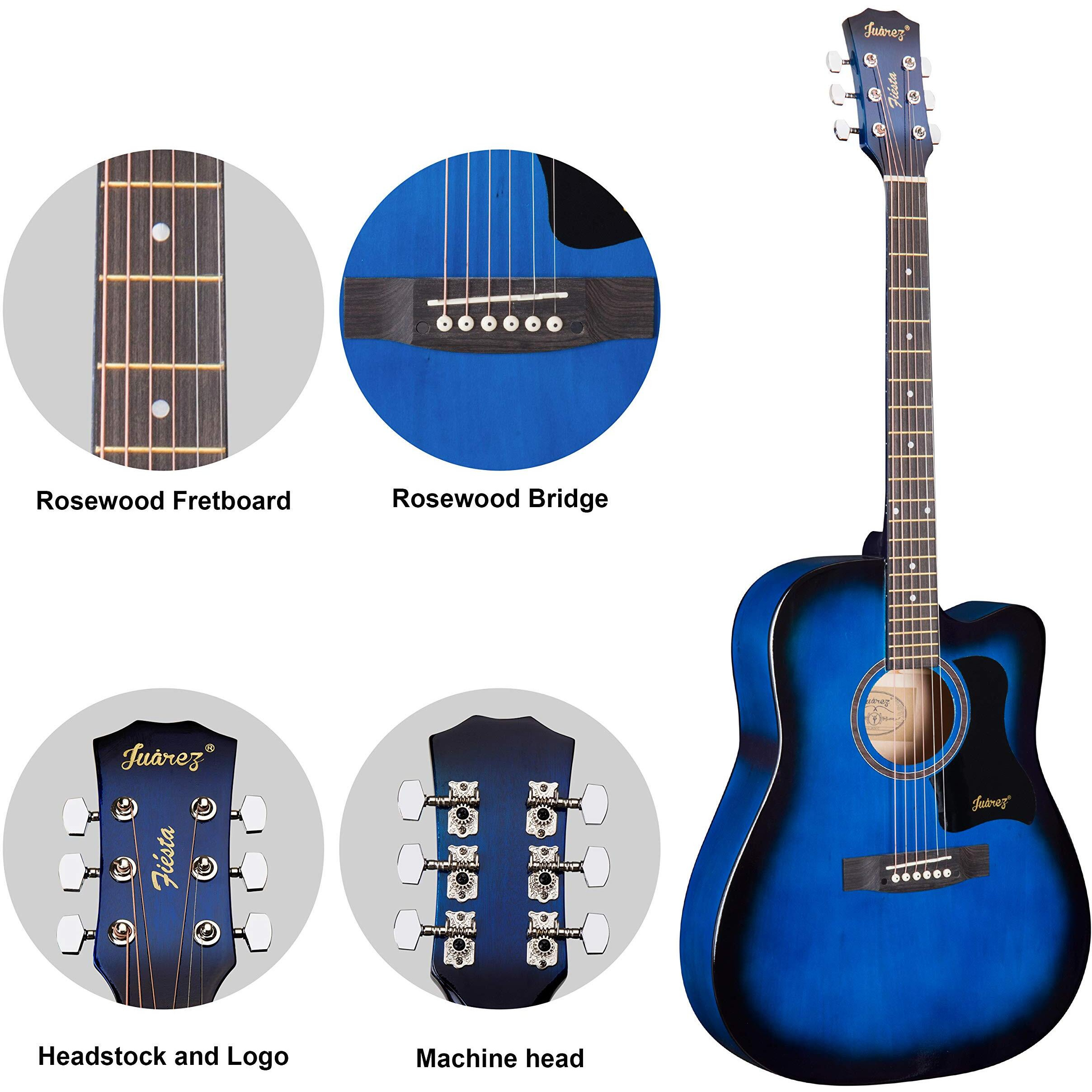 Juarez 41" Acoustic Guitar Cutaway With Dual Action Truss Rod, Jrz41C/Tbs Rosewood Fretboard And Bridge, Padded Cotton Bag, Cotton Strap, 2 Picks, Extra String Set, Blue Sunburst