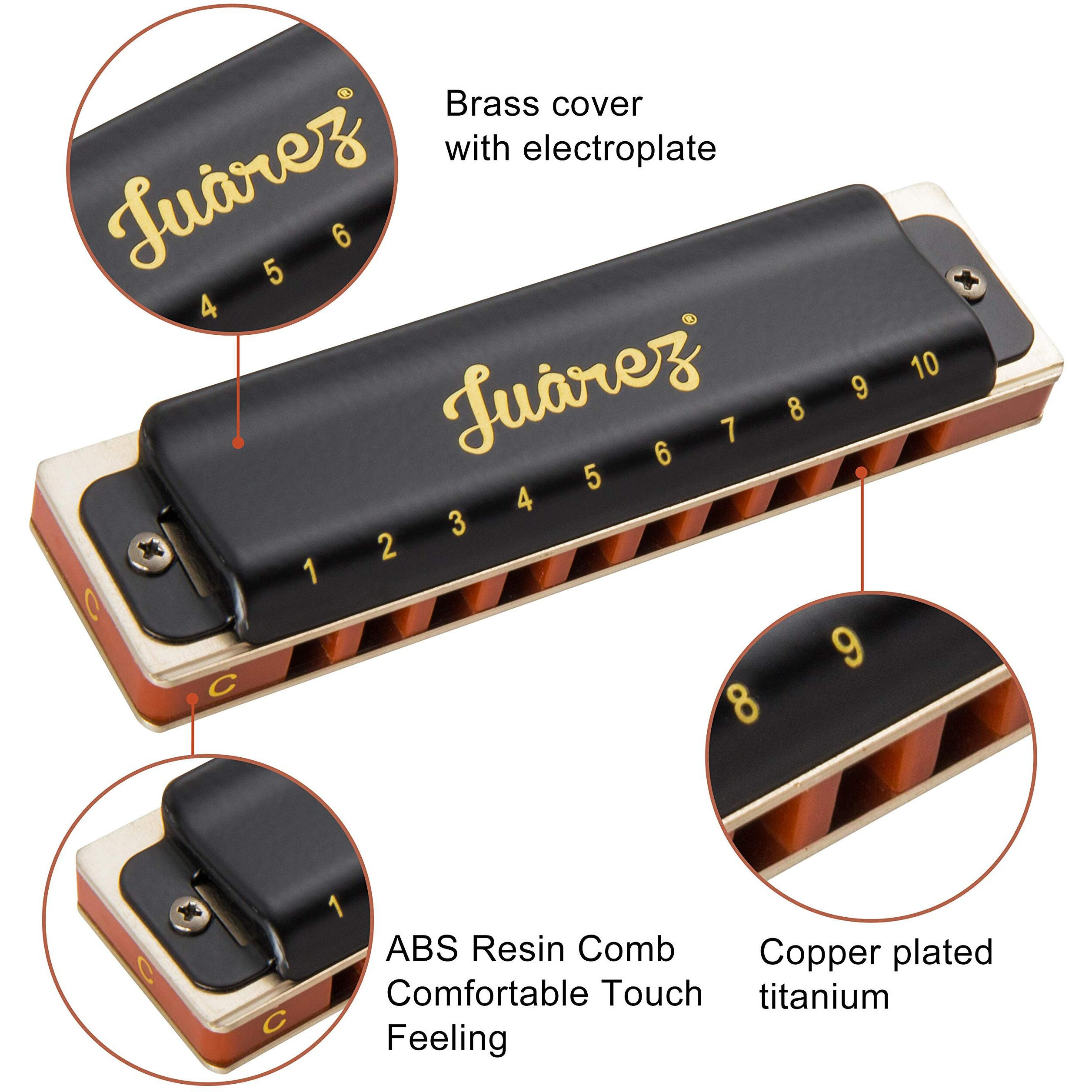 Juarez Blackbird Jrh10Bk Diatonic Professional Blues Harmonica Key Of C Scale | 10 Holes 20 Tones | Mouth Organ | Cover - Brass | Comb - Abs | Reed - Phosphor Bronze With Cloth & Case
