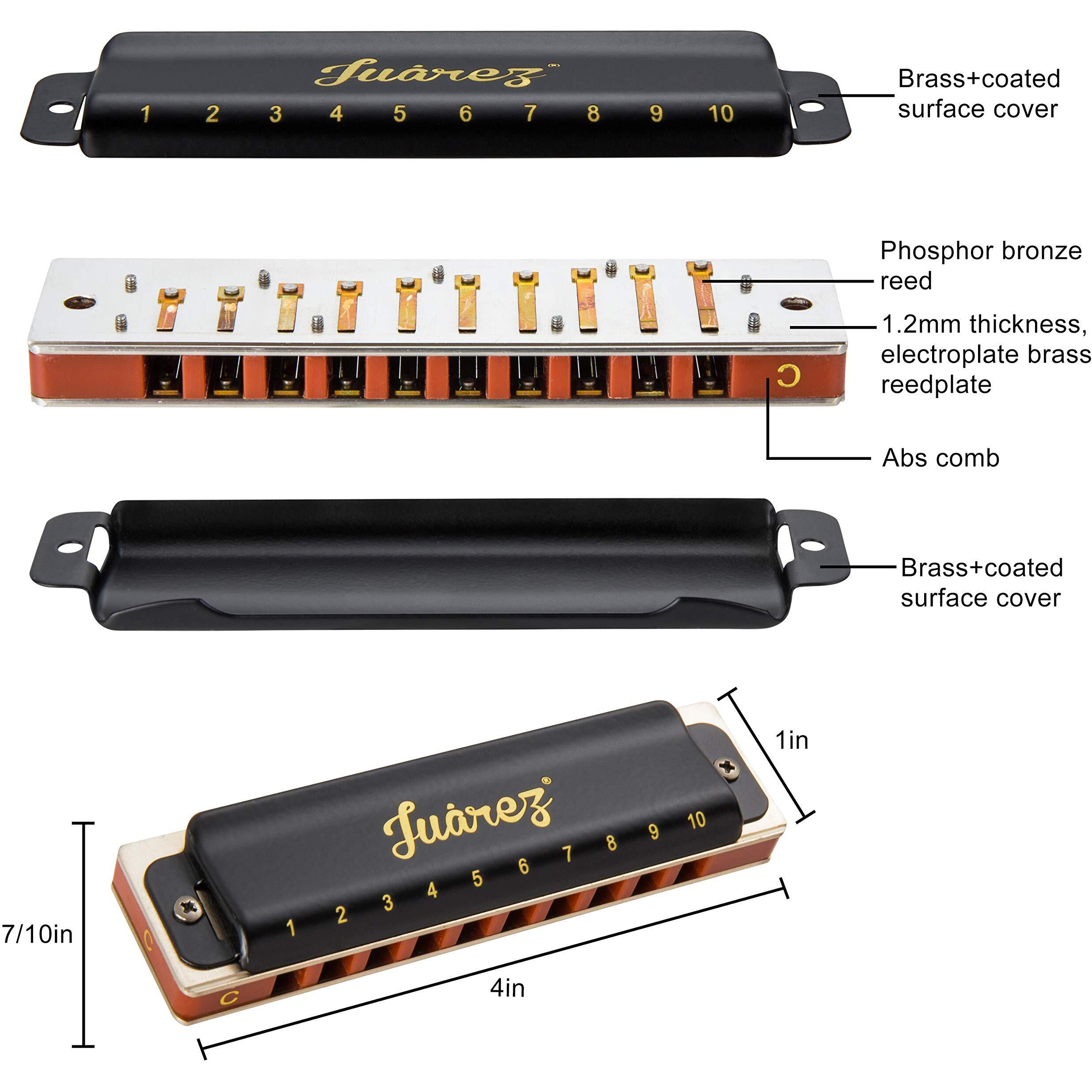 Juarez Blackbird Jrh10Bk Diatonic Professional Blues Harmonica Key Of C Scale | 10 Holes 20 Tones | Mouth Organ | Cover - Brass | Comb - Abs | Reed - Phosphor Bronze With Cloth & Case